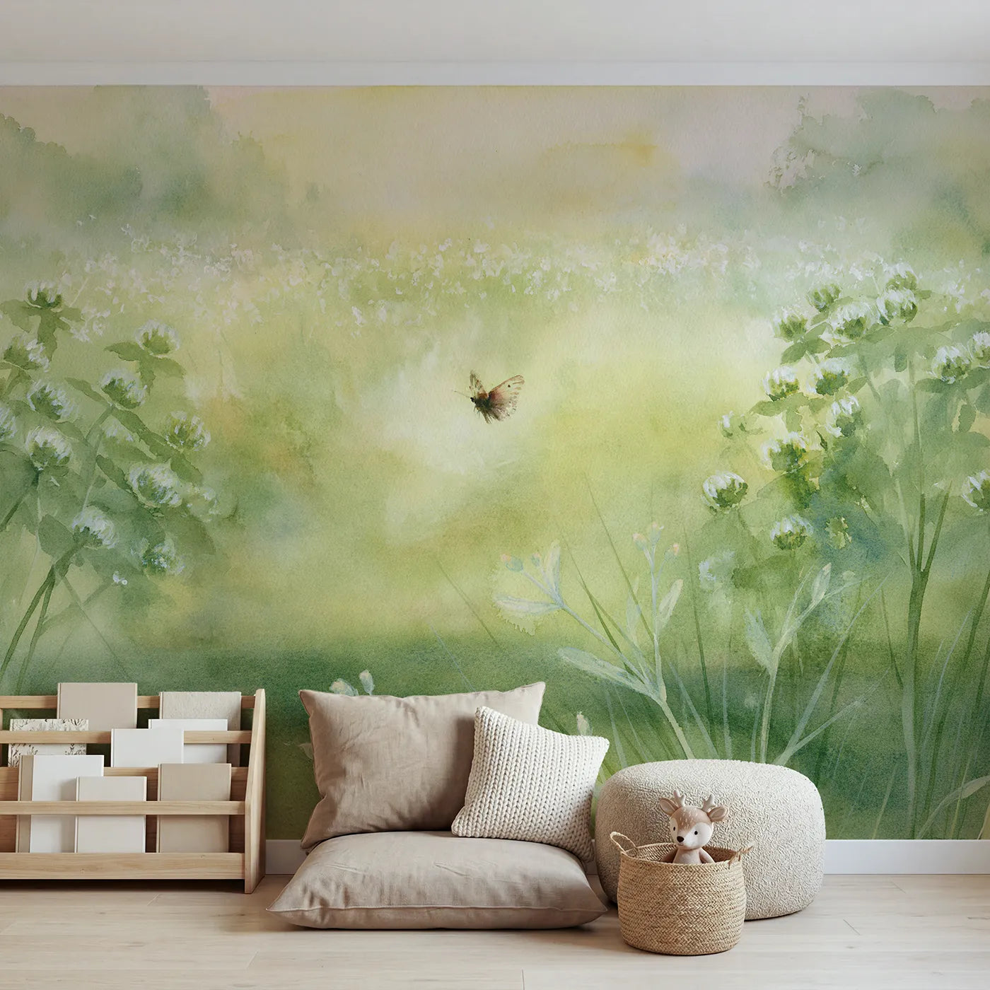 Watercolor wall mural of a butterfly over a misty meadow by Whimsy Tots