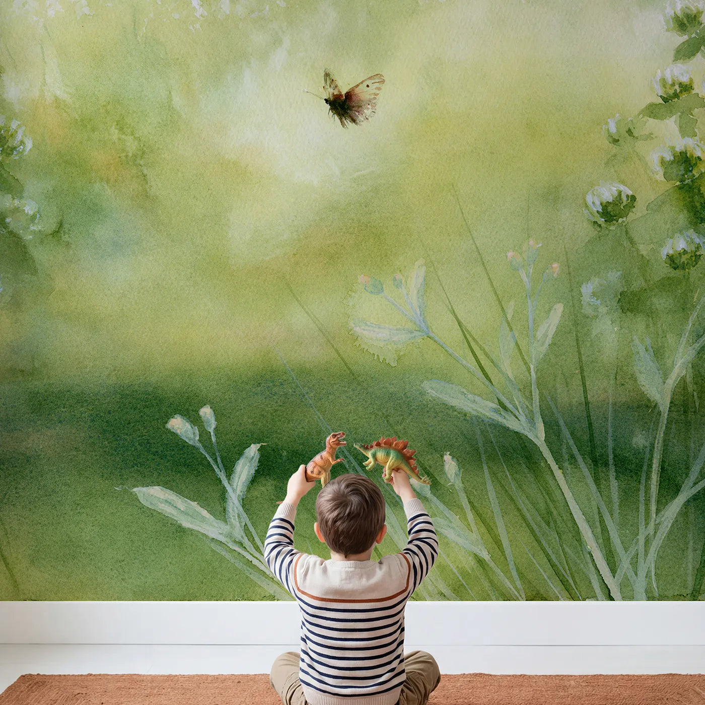 Child in nursery with Misty Meadow Butterfly Wallpaper Mural by Whimsy Tots