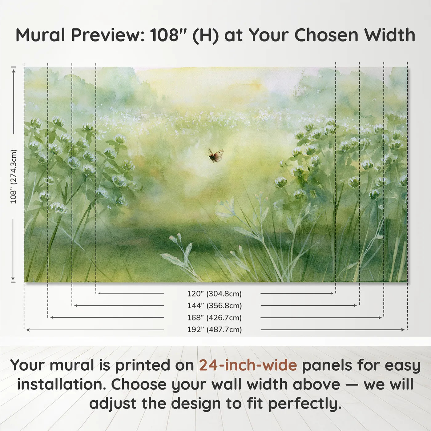 Panel layout and dimensions for Misty Meadow Butterfly Wallpaper Mural by Whimsy Tots