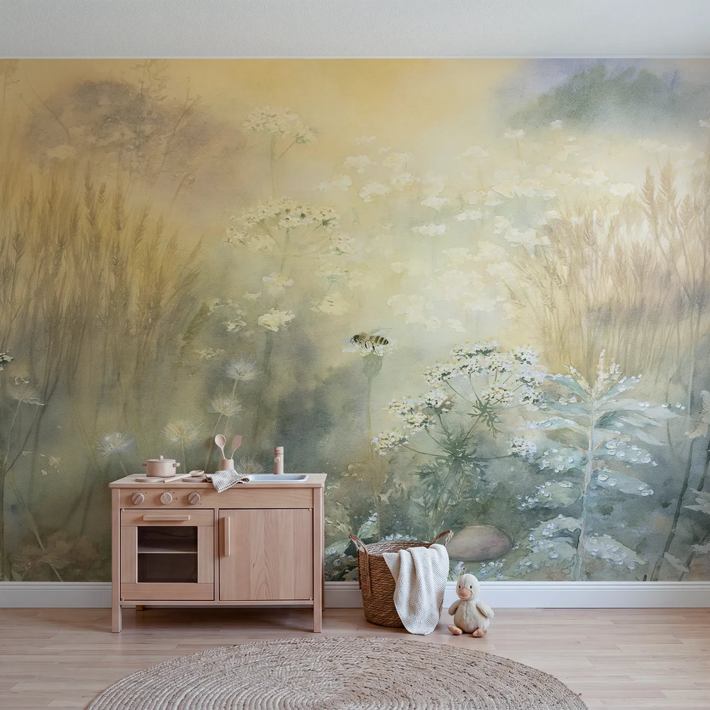 Watercolor wall mural of a bee on a dewy morning bloom by Whimsy Tots