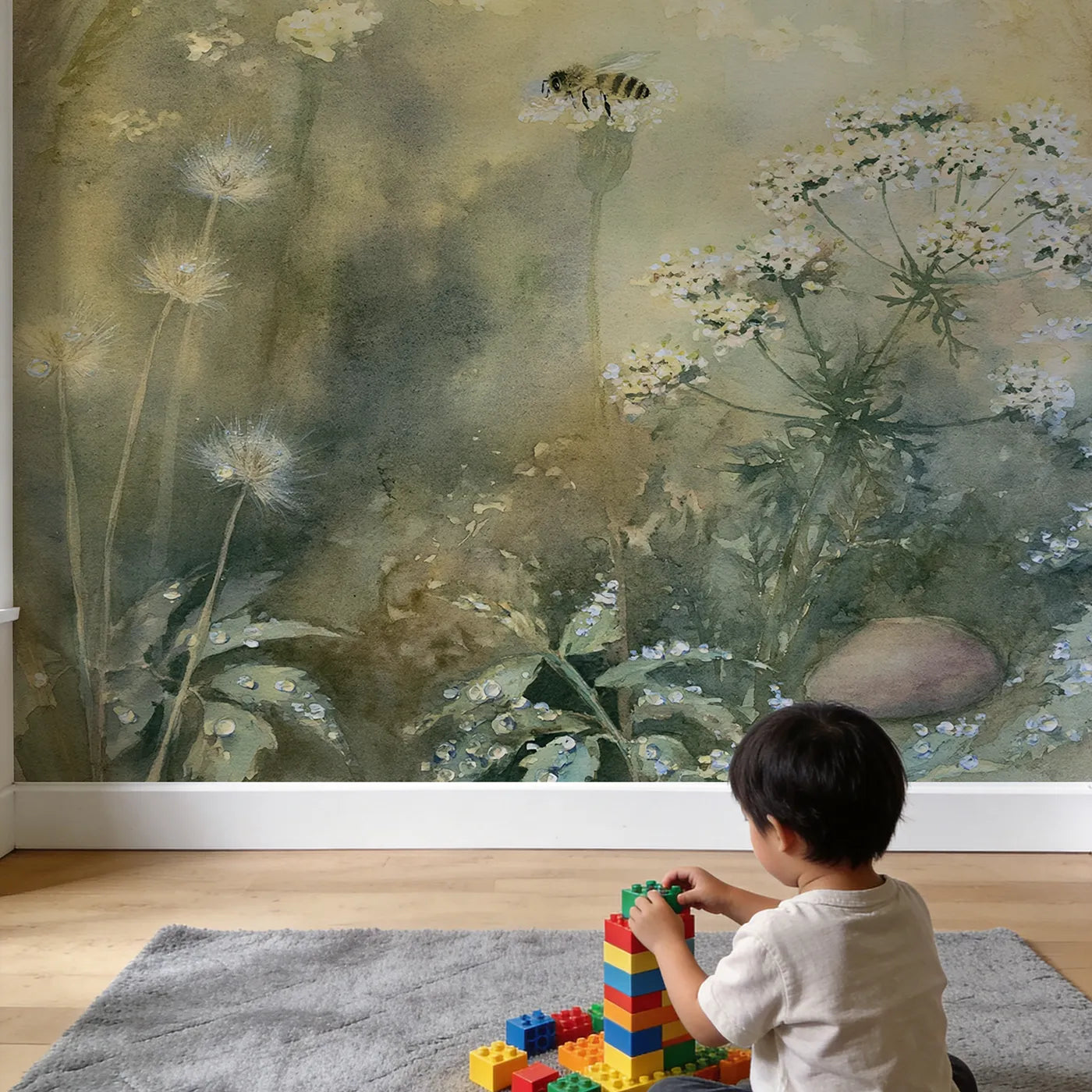 Child in nursery with Dewy Morning Bee Wallpaper Mural by Whimsy Tots