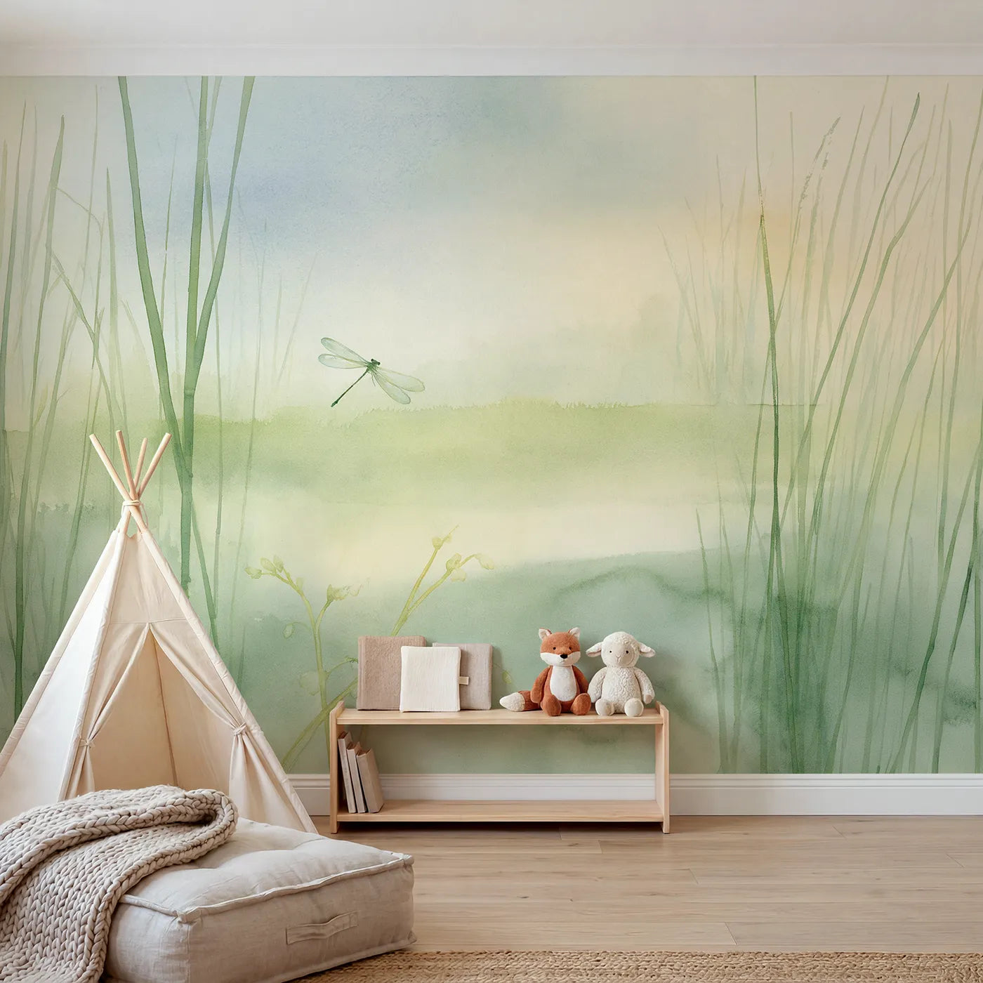 Watercolor wall mural of a dragonfly in a hazy garden by Whimsy Tots
