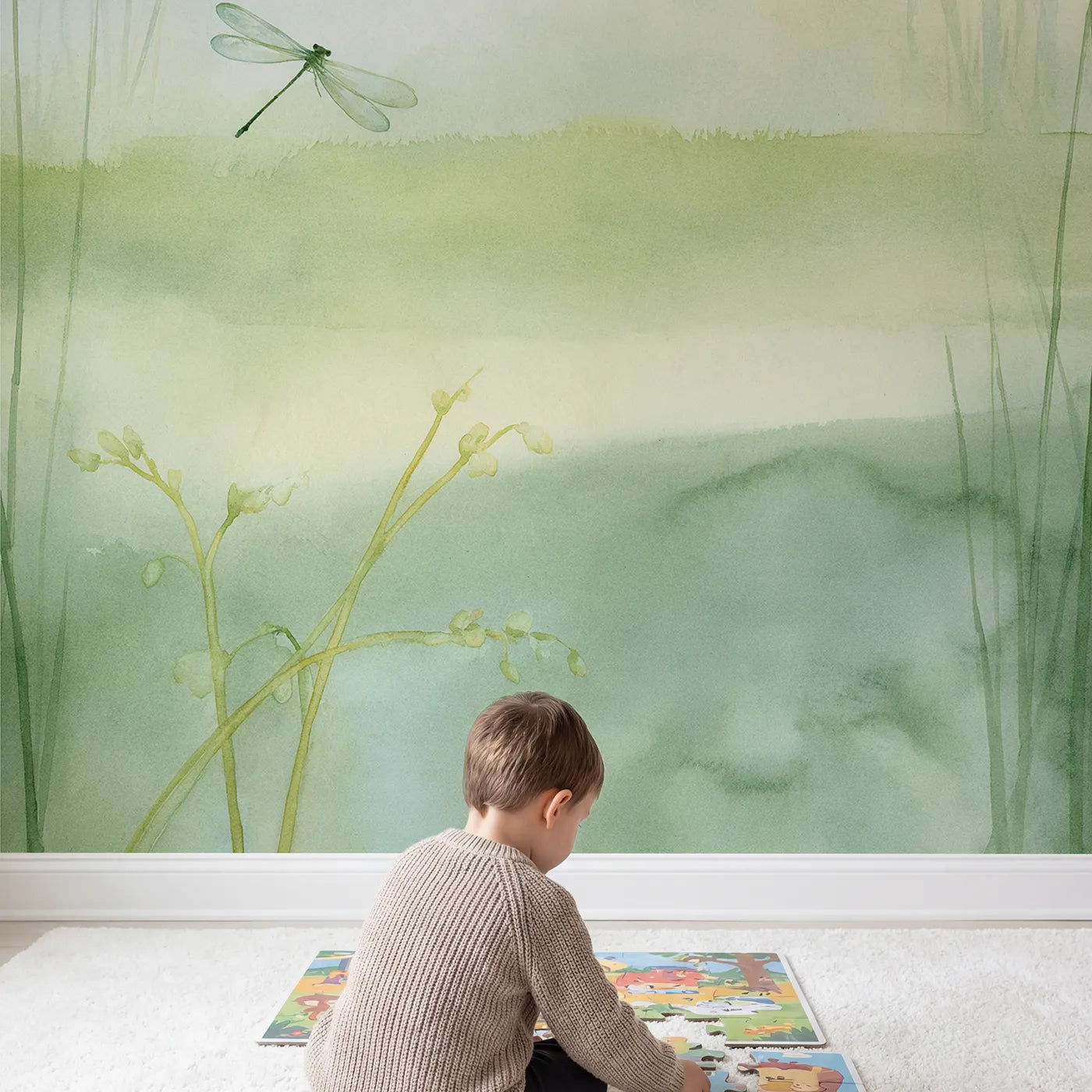 Child in nursery with Soft Garden Dragonfly Wallpaper Mural by Whimsy Tots