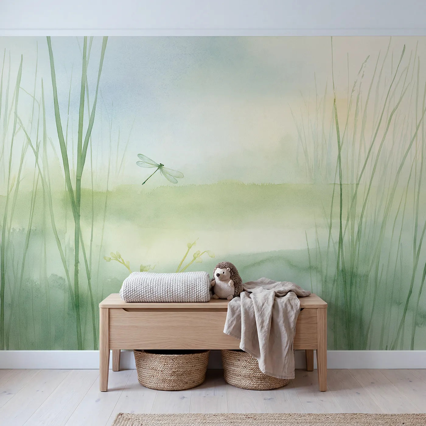 Soft Garden Dragonfly Wallpaper Mural in playroom setting by Whimsy Tots