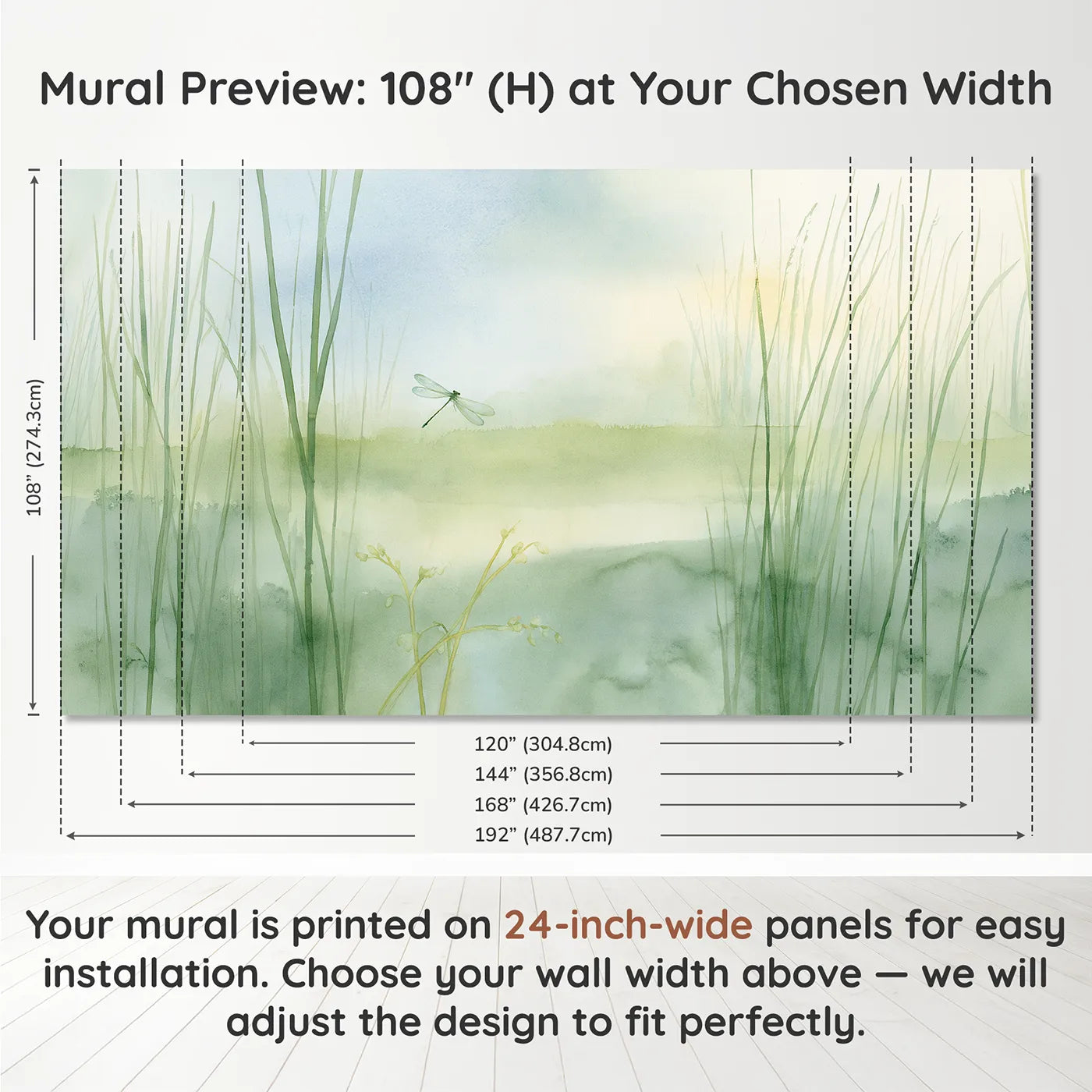 Panel layout and dimensions for Soft Garden Dragonfly Wallpaper Mural by Whimsy Tots
