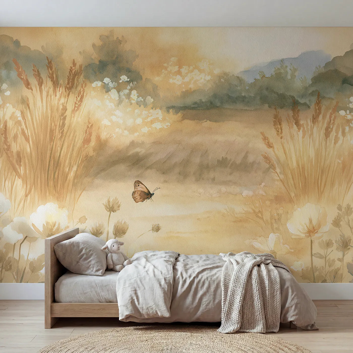Watercolor wall mural of a golden-hour butterfly by Whimsy Tots