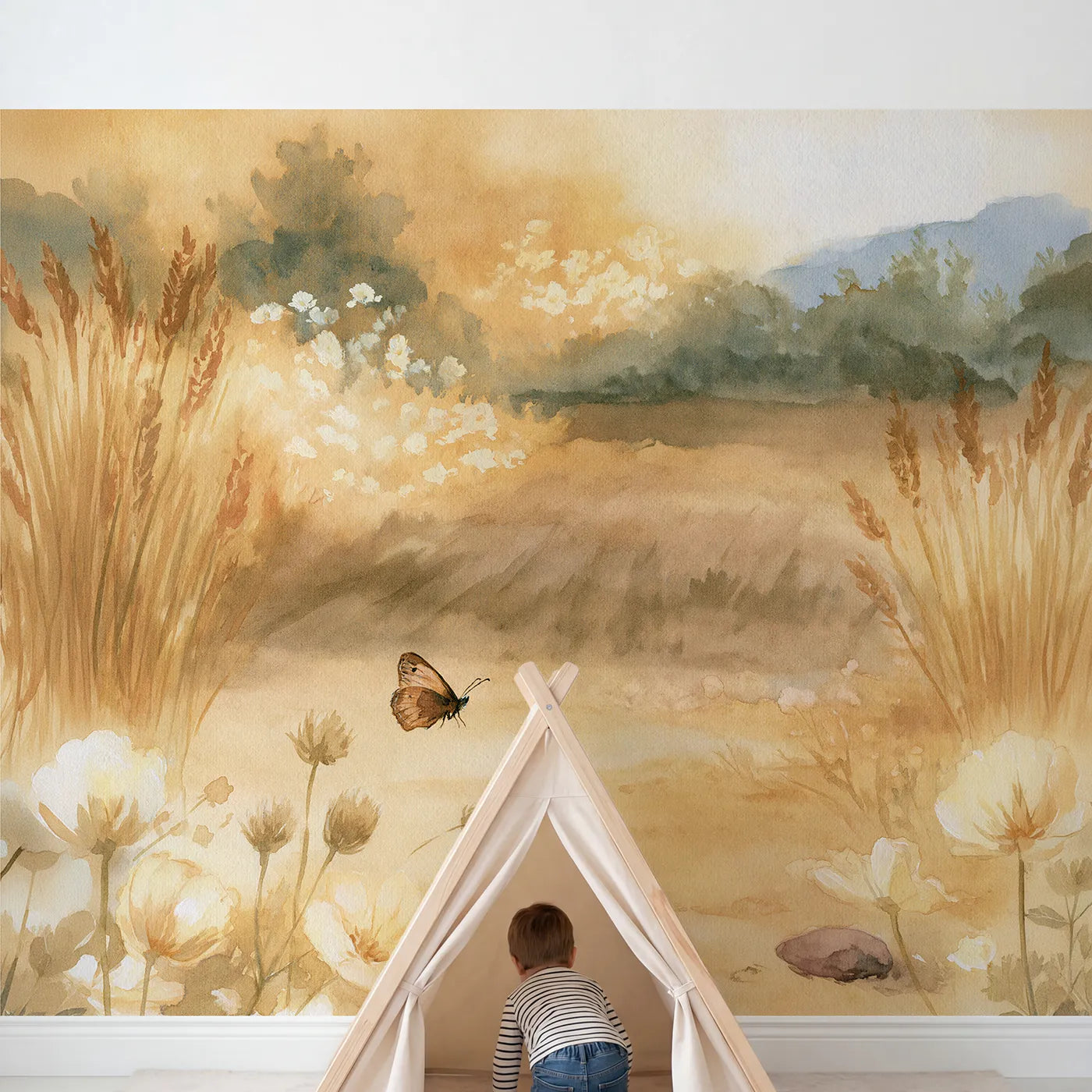 Child in nursery with Golden Hour Butterfly Wallpaper Mural by Whimsy Tots