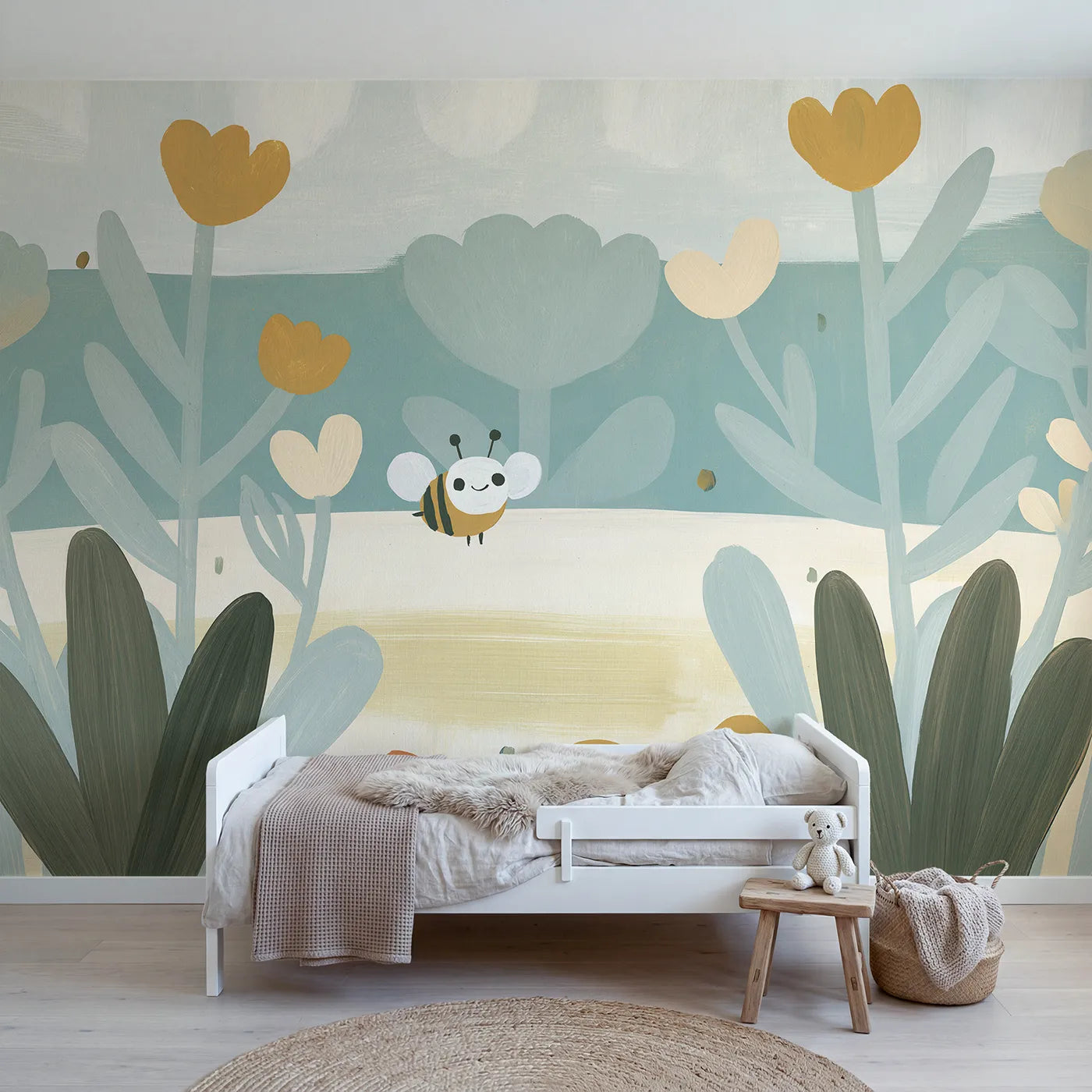 Folk gouache wall mural of a friendly round bee by Whimsy Tots