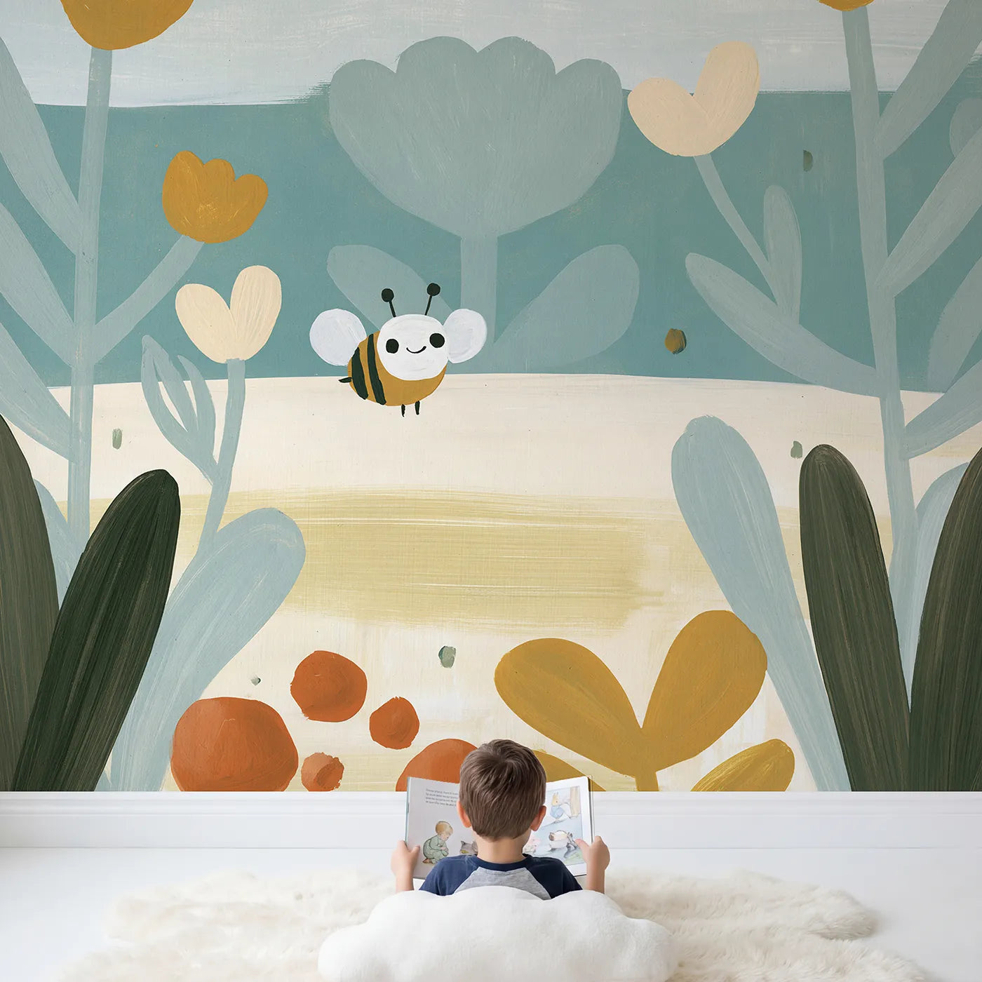 Child in nursery with Folk Garden Bee Wallpaper Mural by Whimsy Tots