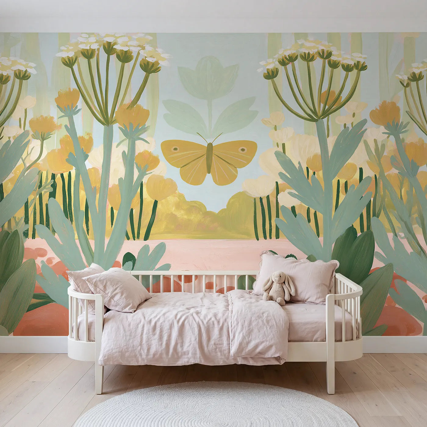 Folk gouache wall mural of a symmetrical butterfly by Whimsy Tots