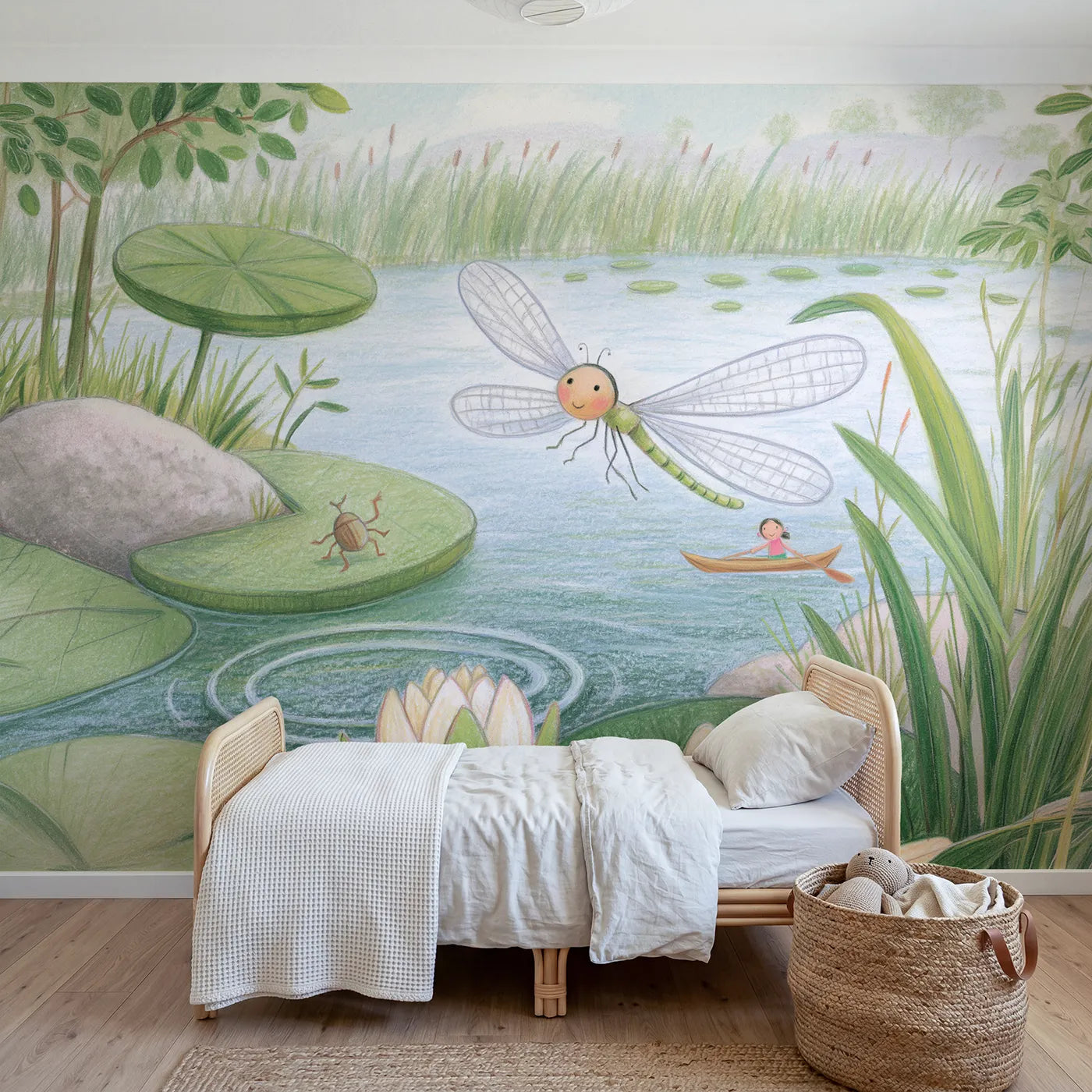 Colored Pencil dragonfly ferrying a ladybird over a pond, mural for a toddler room by Whimsy Tots