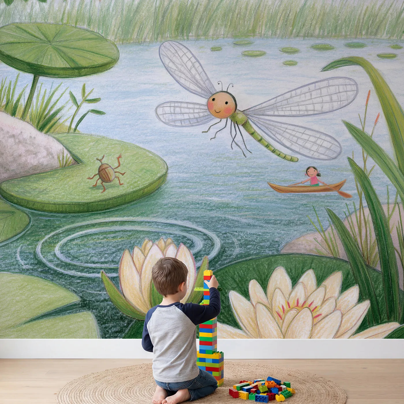 Child in nursery with The Dragonfly Ferry Wallpaper Mural by Whimsy Tots