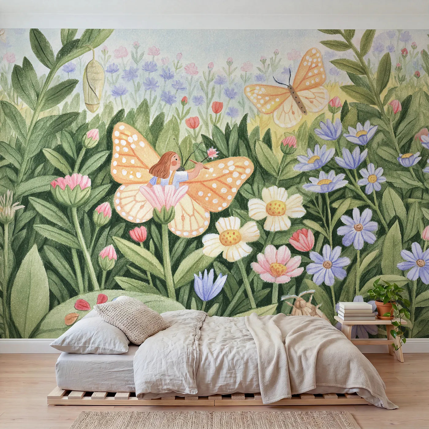 Colored Pencil painter finishing a butterfly wing spot, mural for a rented bedroom by Whimsy Tots