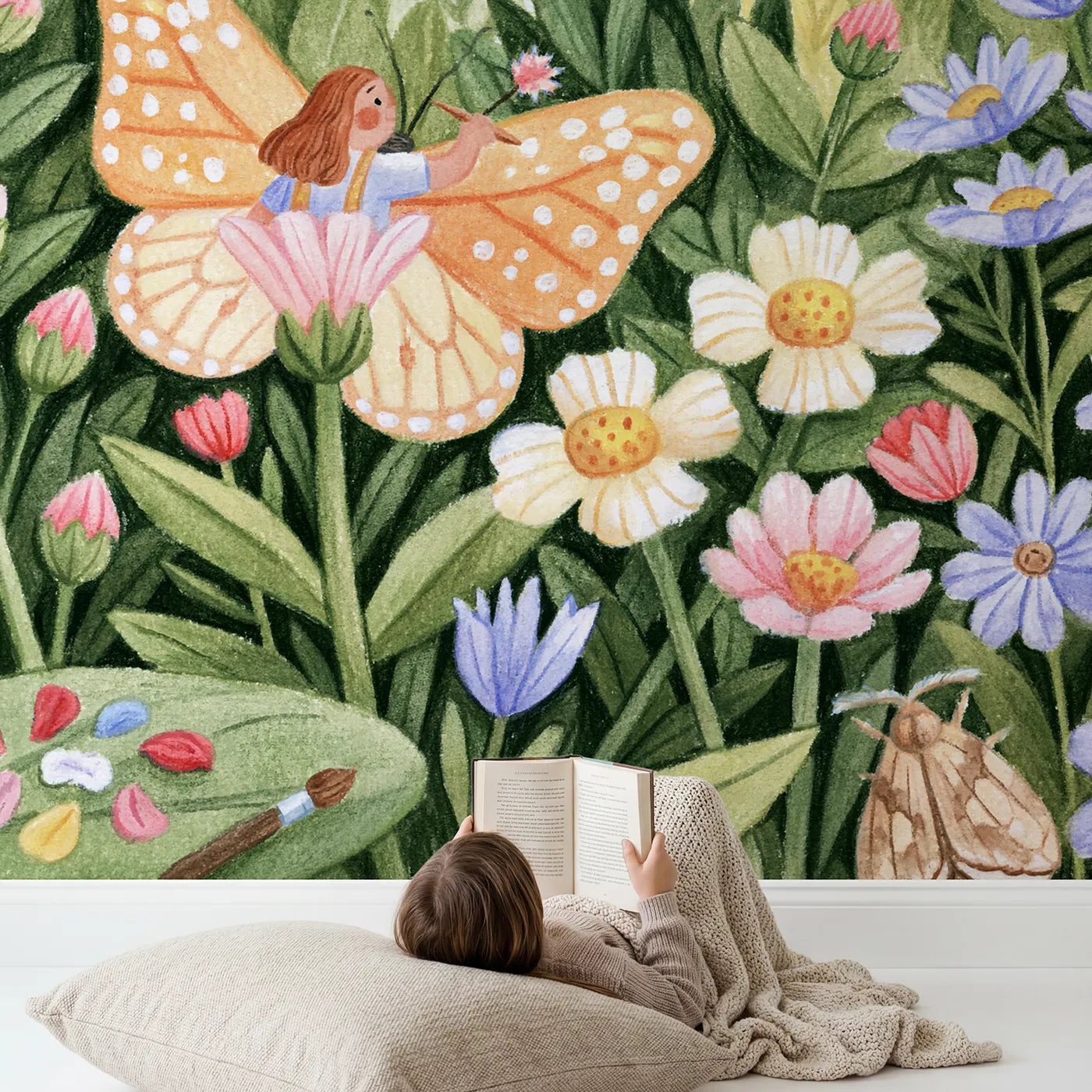 Child in nursery with The Butterfly Wing Painters Wallpaper Mural by Whimsy Tots