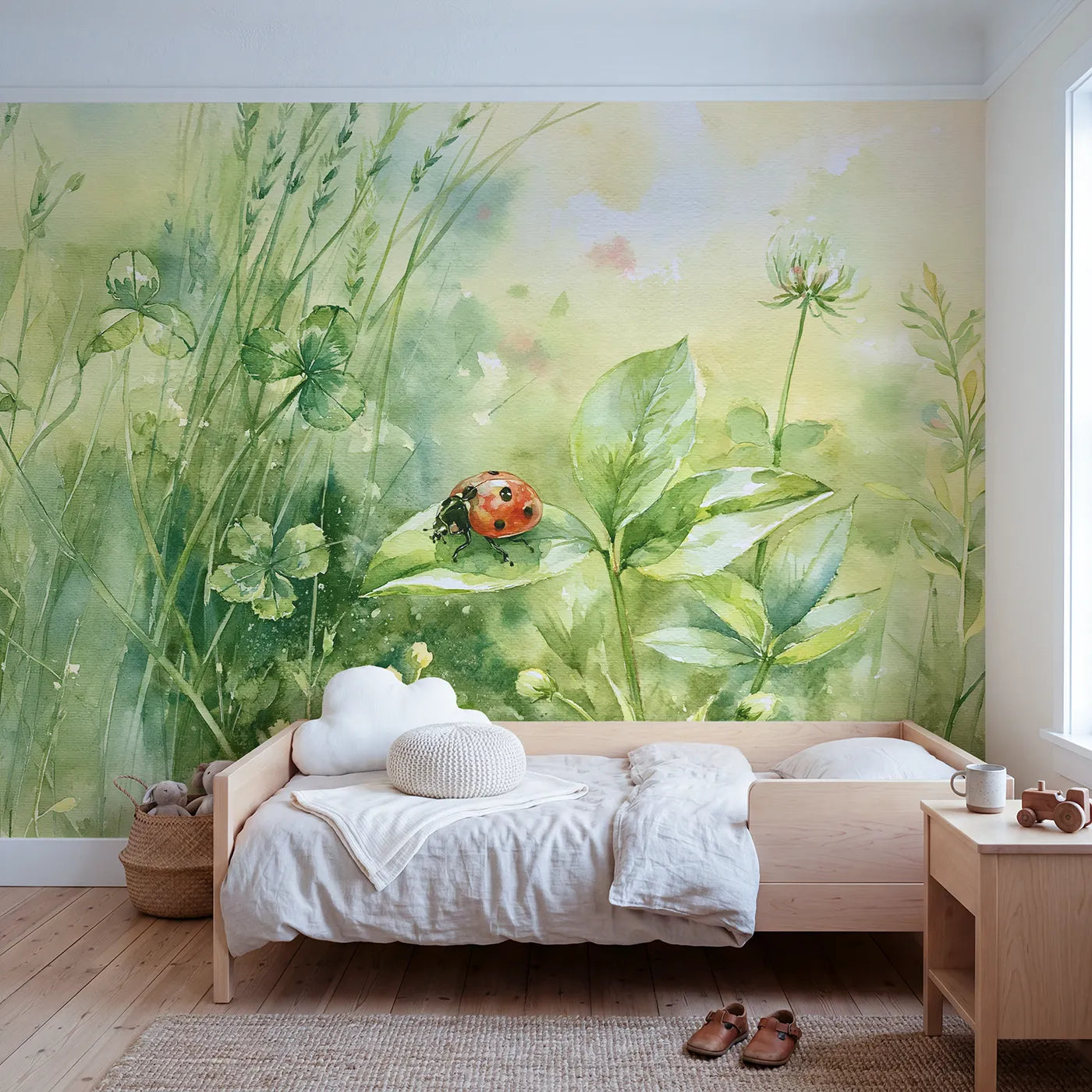 Watercolor wall mural of a ladybug on a green leaf by Whimsy Tots