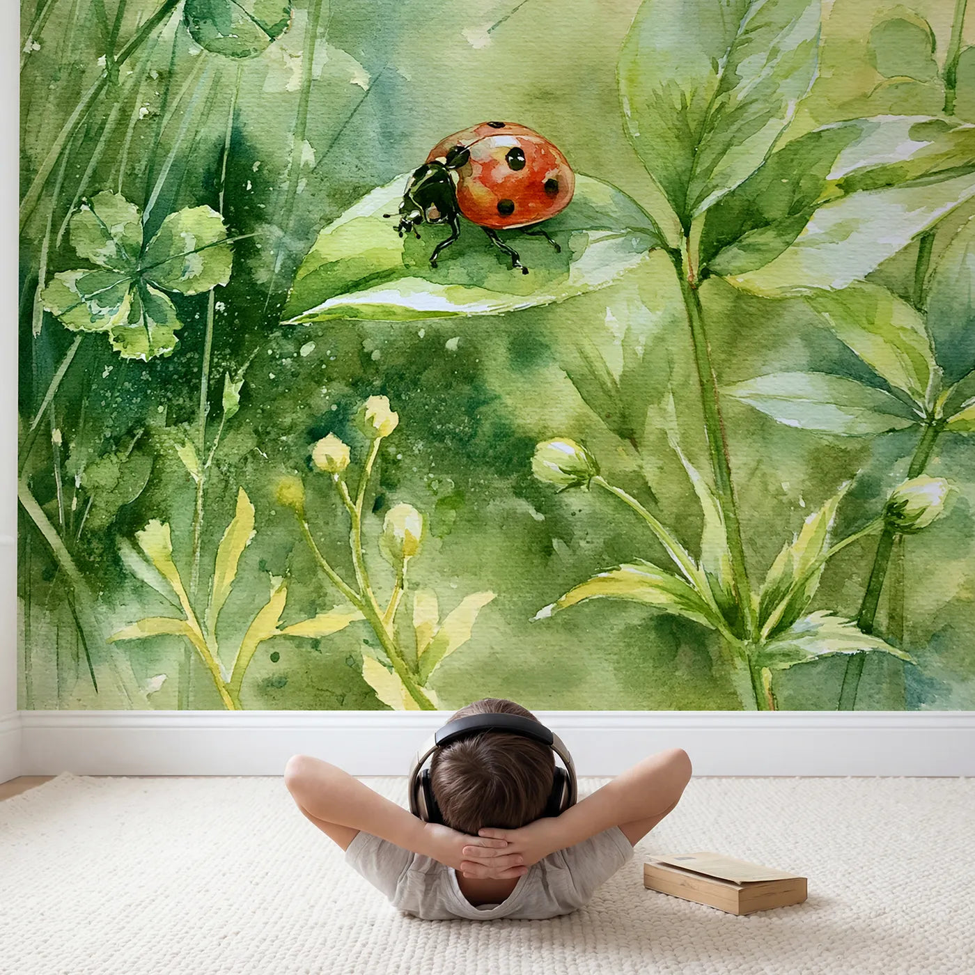 Child in nursery with Ladybug Leaf Study Wallpaper Mural by Whimsy Tots