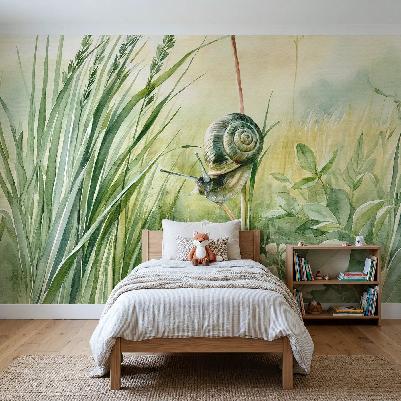 Watercolor wall mural of a garden snail on a stem by Whimsy Tots