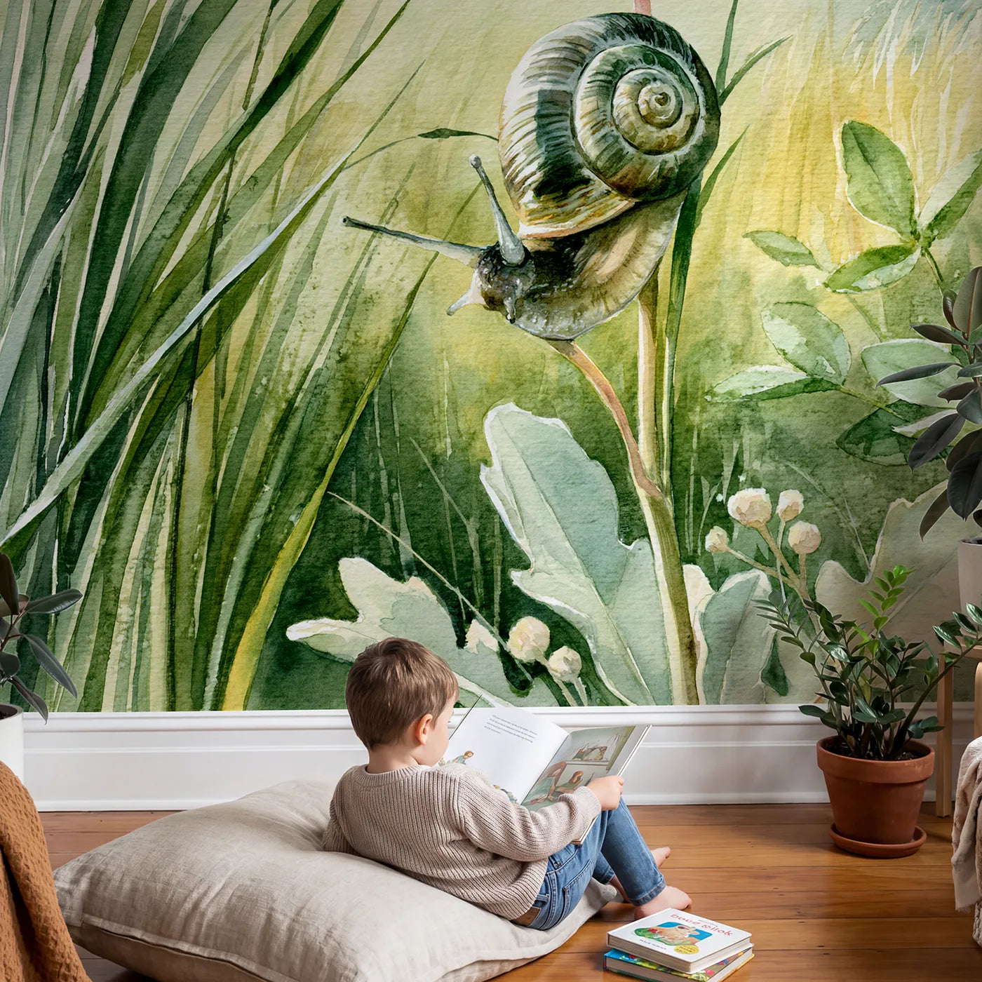 Child in nursery with Garden Snail Study Wallpaper Mural by Whimsy Tots