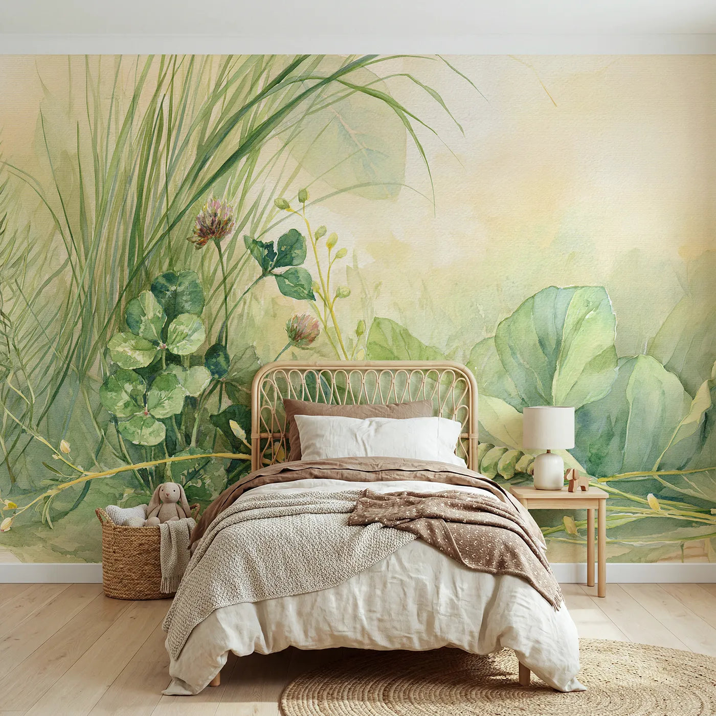 Watercolor wall mural of a caterpillar on a soft leaf by Whimsy Tots