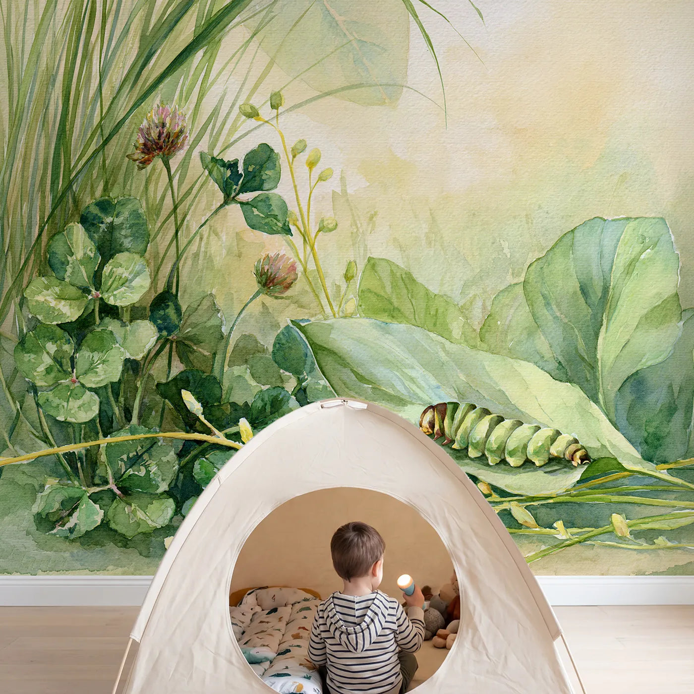 Child in nursery with Caterpillar Leaf Study Wallpaper Mural by Whimsy Tots