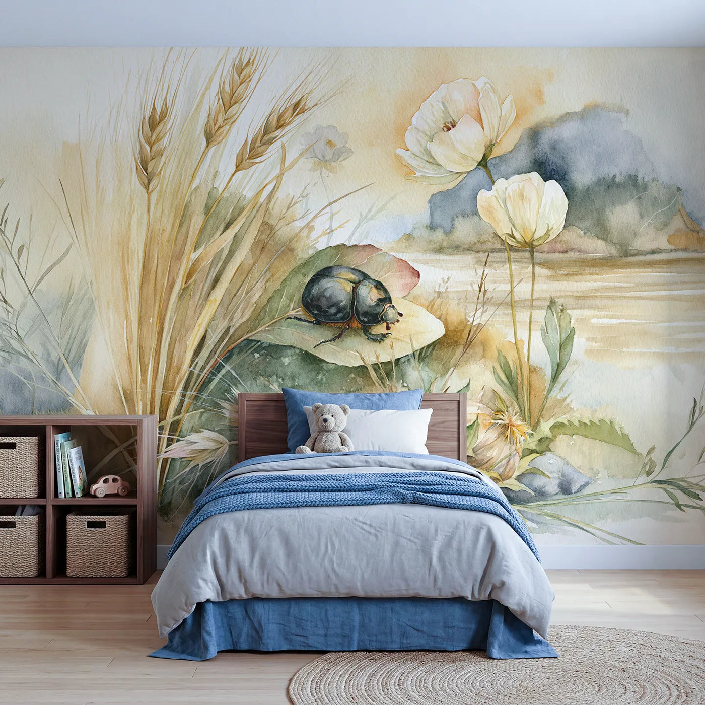 Watercolor wall mural of a friendly shining beetle by Whimsy Tots