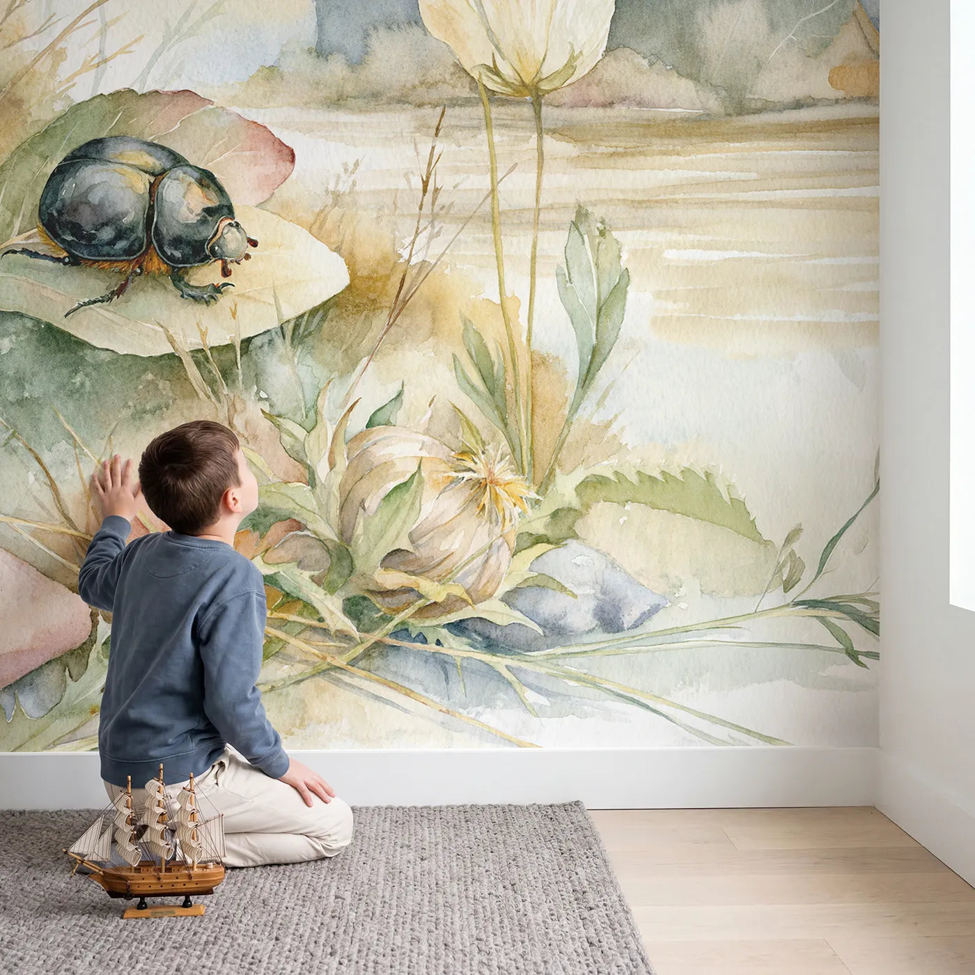 Child in nursery with Friendly Beetle Study Wallpaper Mural by Whimsy Tots