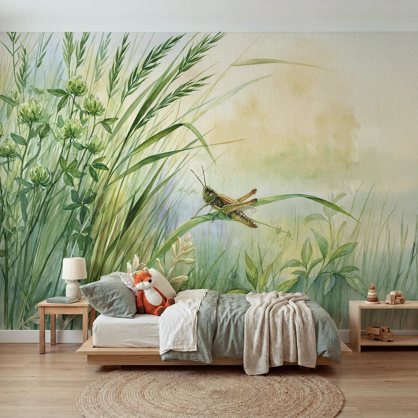Watercolor wall mural of a grasshopper on a grass blade by Whimsy Tots