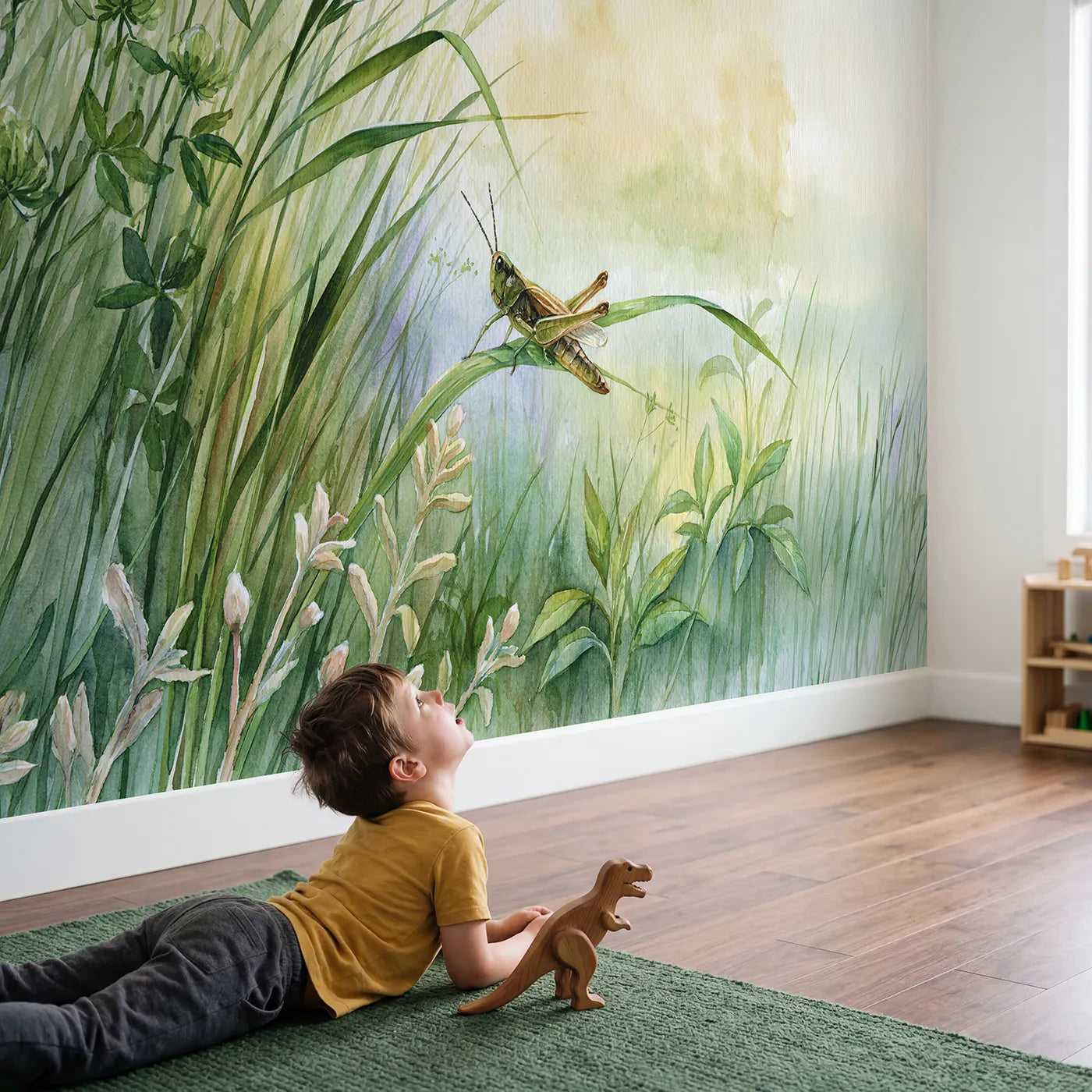 Child in nursery with Grasshopper Grass Study Wallpaper Mural by Whimsy Tots