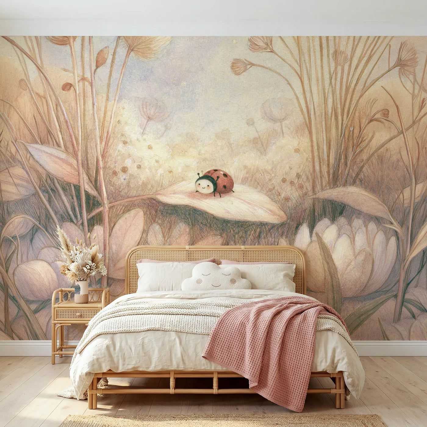 Storybook wall mural of a smiling little ladybug by Whimsy Tots