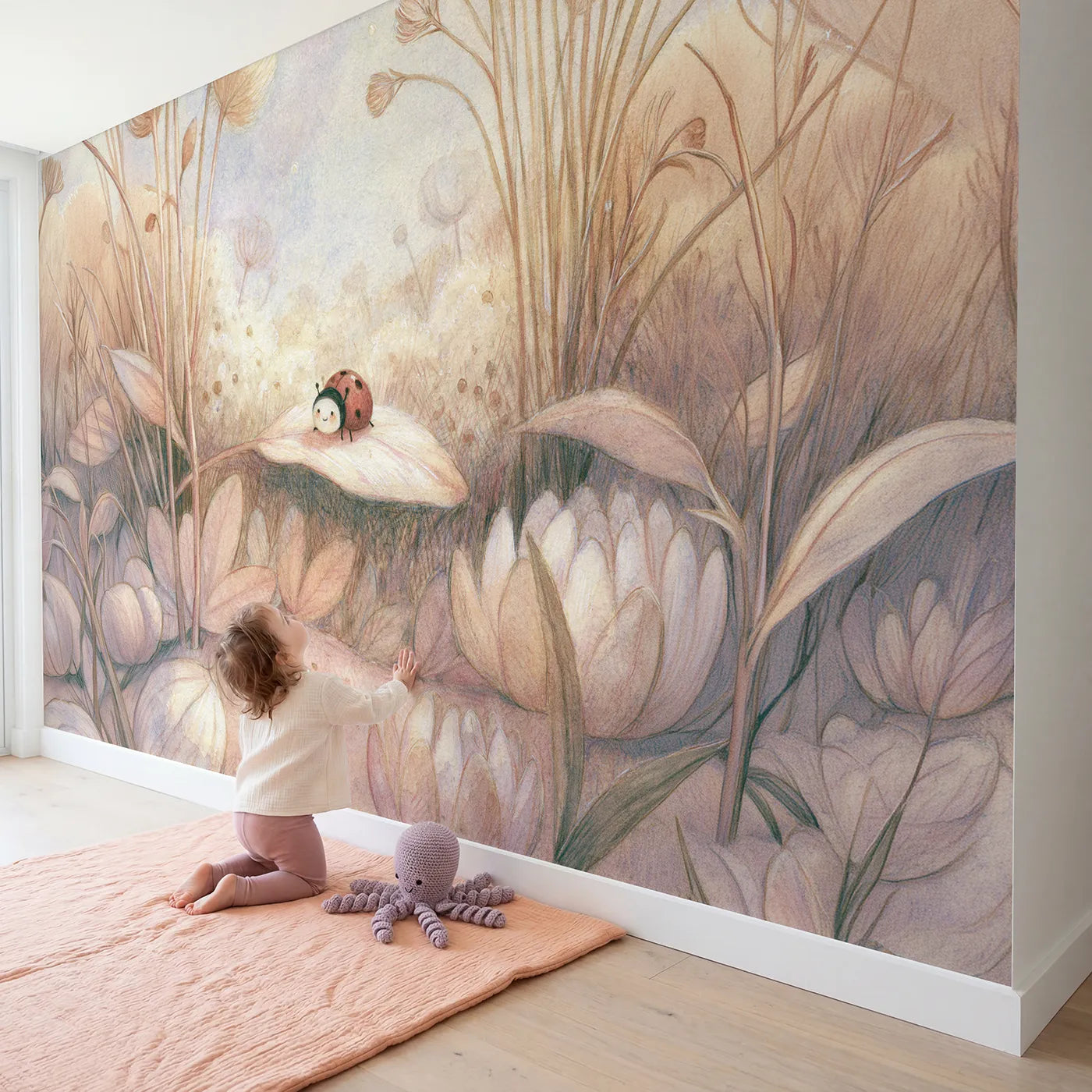 Child in nursery with Lucky Little Ladybug Wallpaper Mural by Whimsy Tots