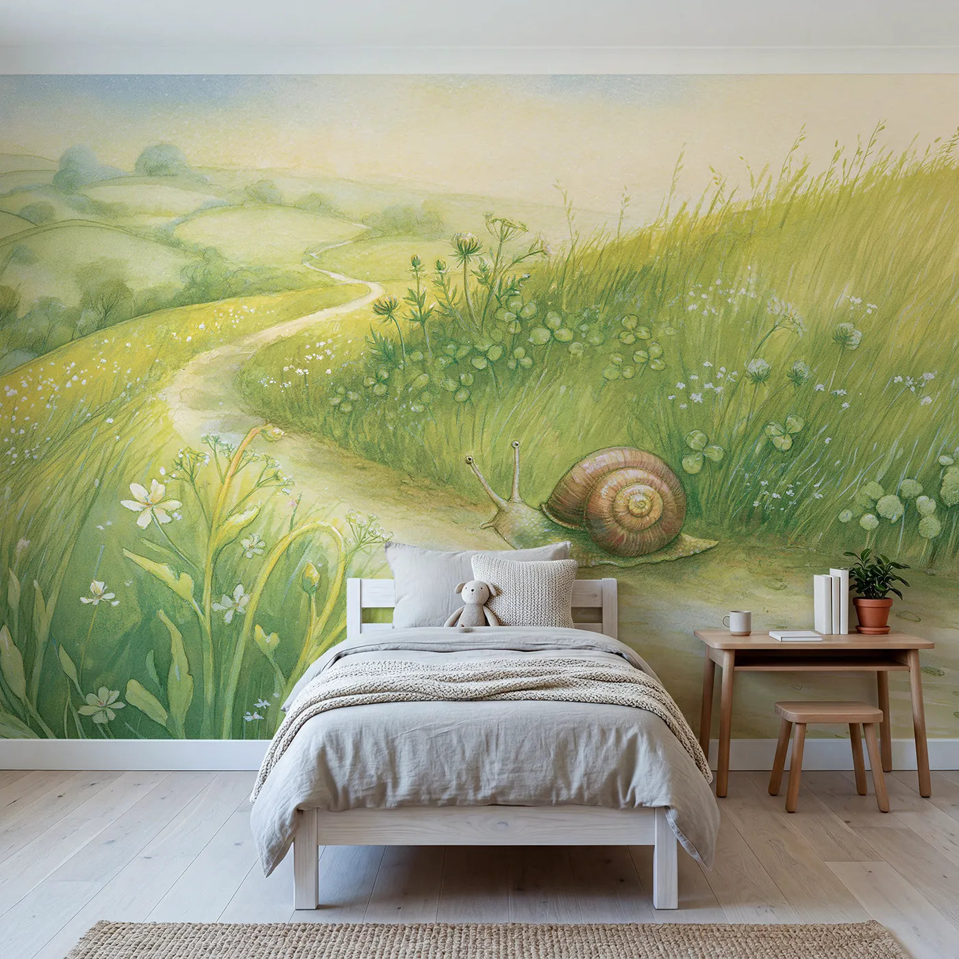 Storybook wall mural of a happy strolling snail by Whimsy Tots