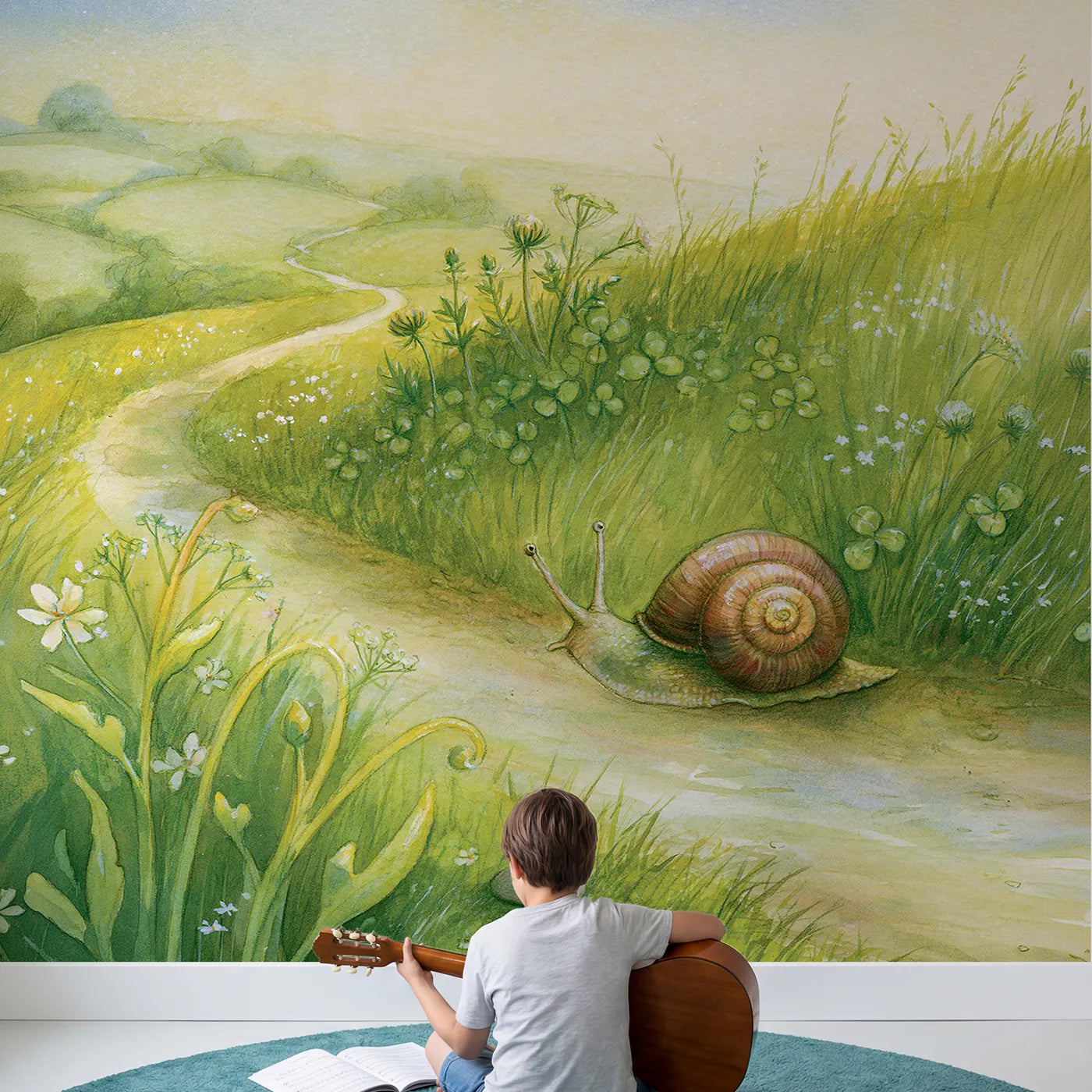 Child in nursery with Snail Garden Stroll Wallpaper Mural by Whimsy Tots