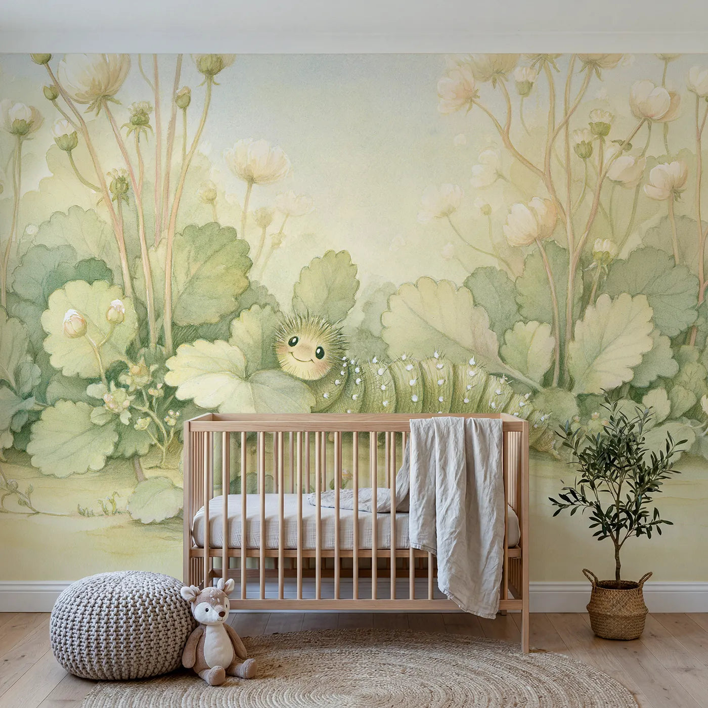 Storybook wall mural of a smiling caterpillar friend by Whimsy Tots