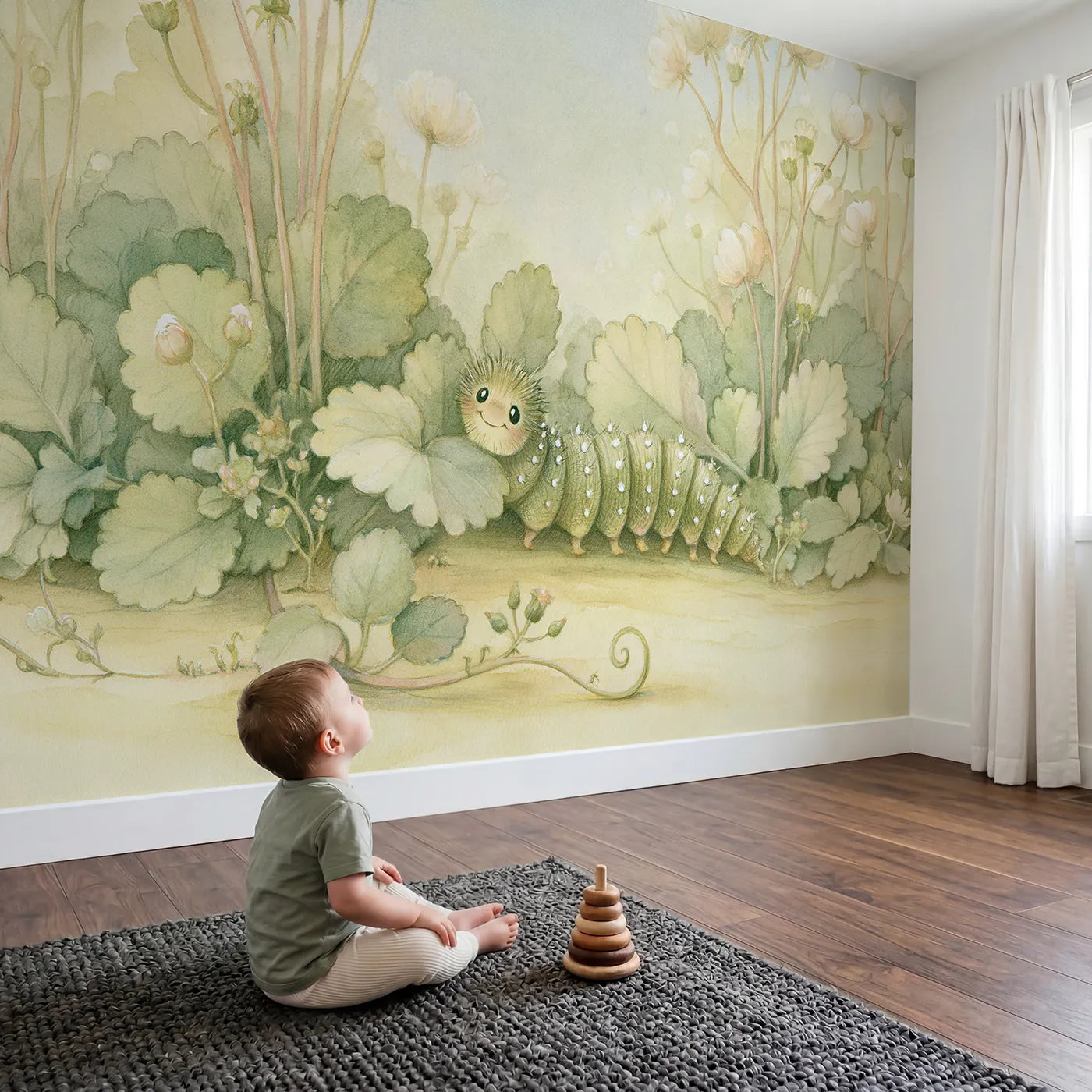 Child in nursery with Caterpillar Best Friend Wallpaper Mural by Whimsy Tots