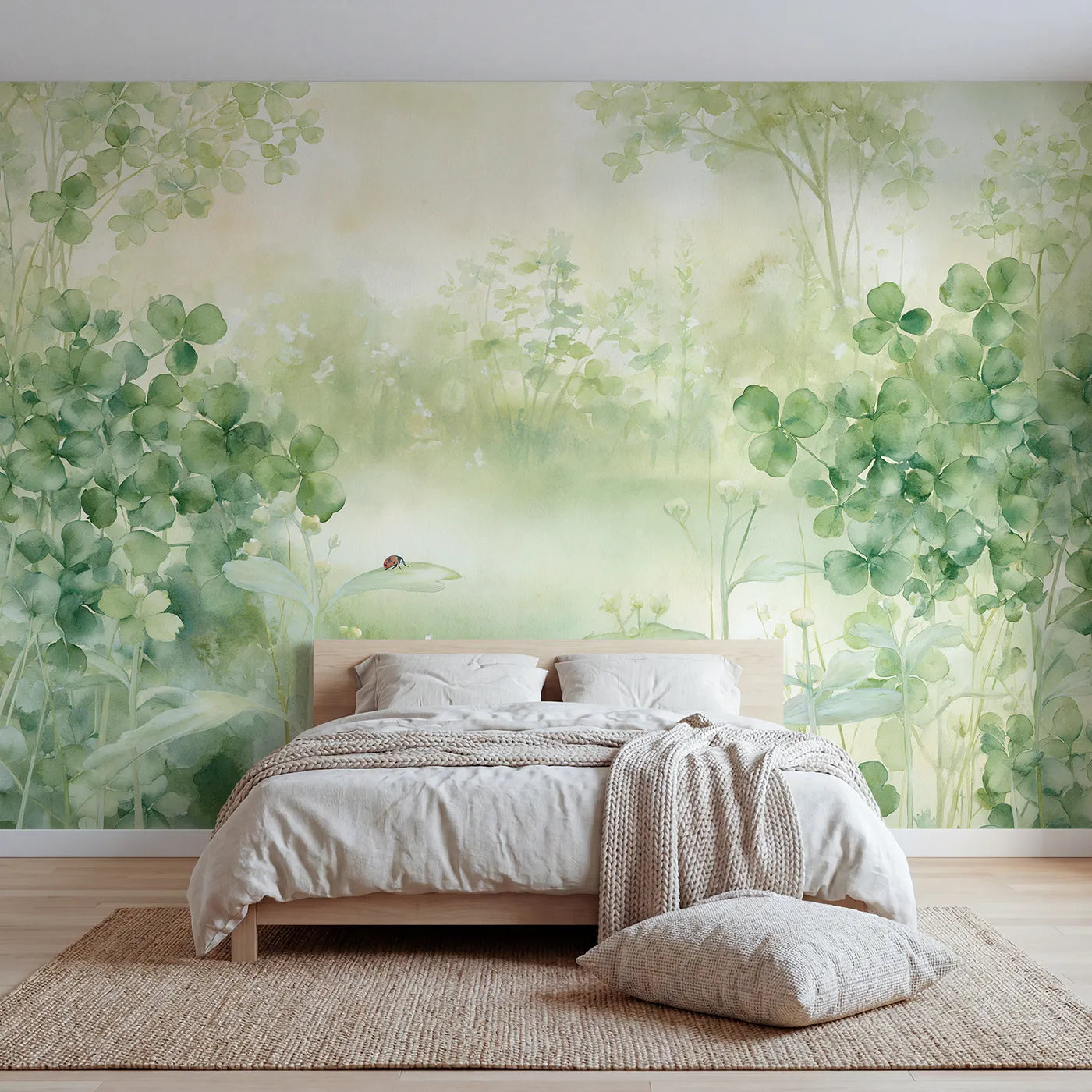 Watercolor wall mural of a ladybug in a misty garden by Whimsy Tots