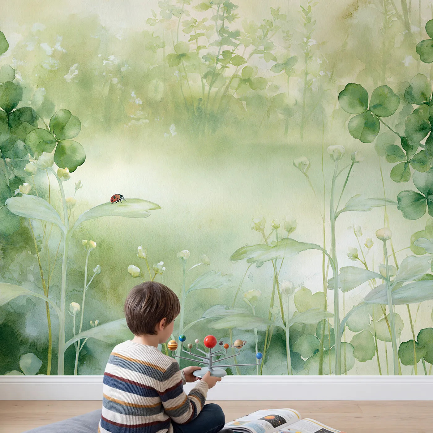 Child in nursery with Misty Garden Ladybug Wallpaper Mural by Whimsy Tots