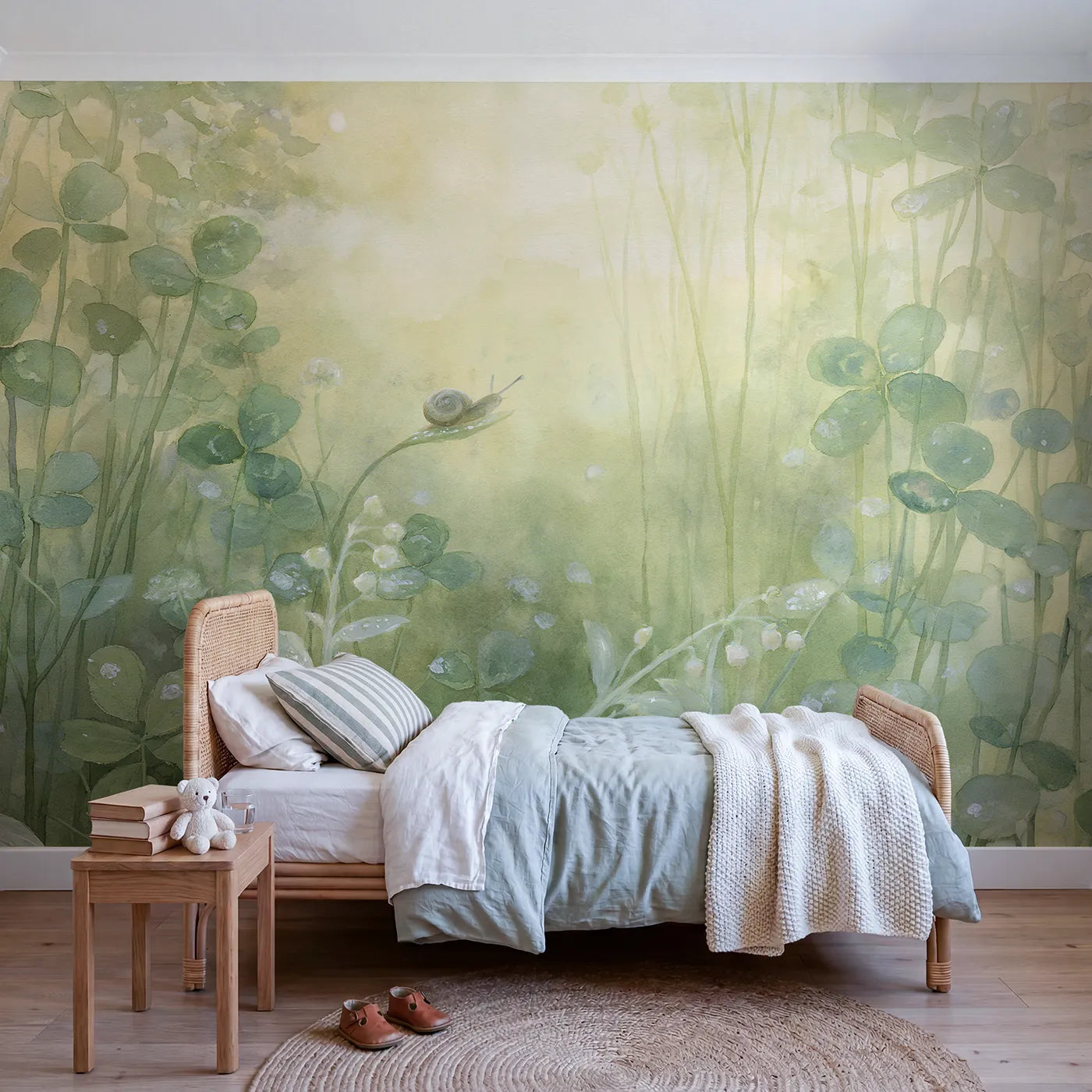 Watercolor wall mural of a snail on a dewy morning leaf by Whimsy Tots