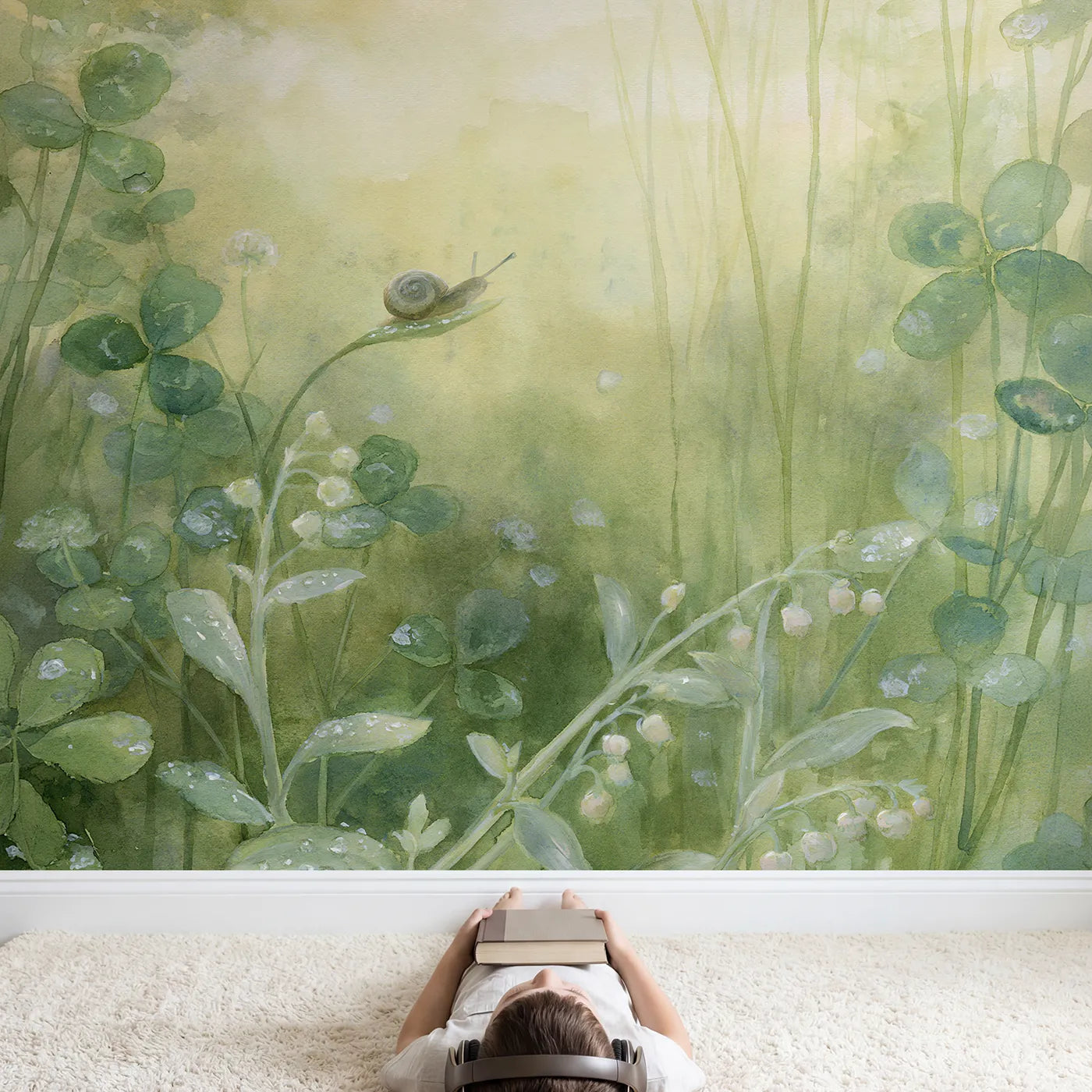 Child in nursery with Dewy Snail Morning Wallpaper Mural by Whimsy Tots