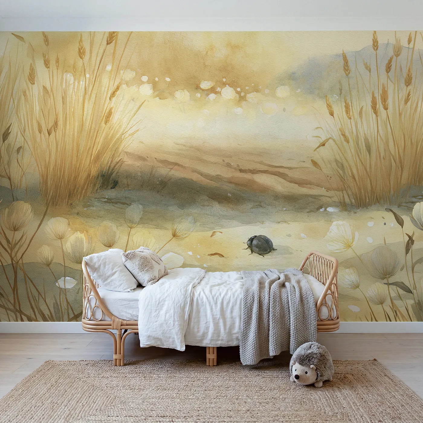 Watercolor wall mural of a beetle in golden garden glow by Whimsy Tots