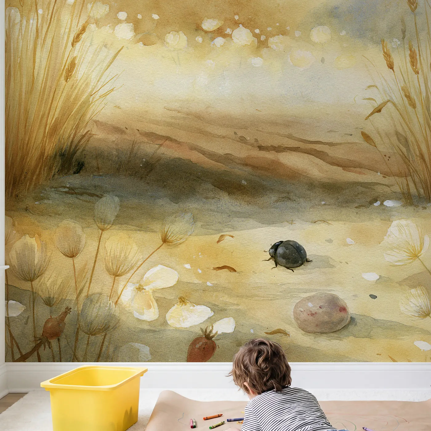 Child in nursery with Garden Beetle Glow Wallpaper Mural by Whimsy Tots