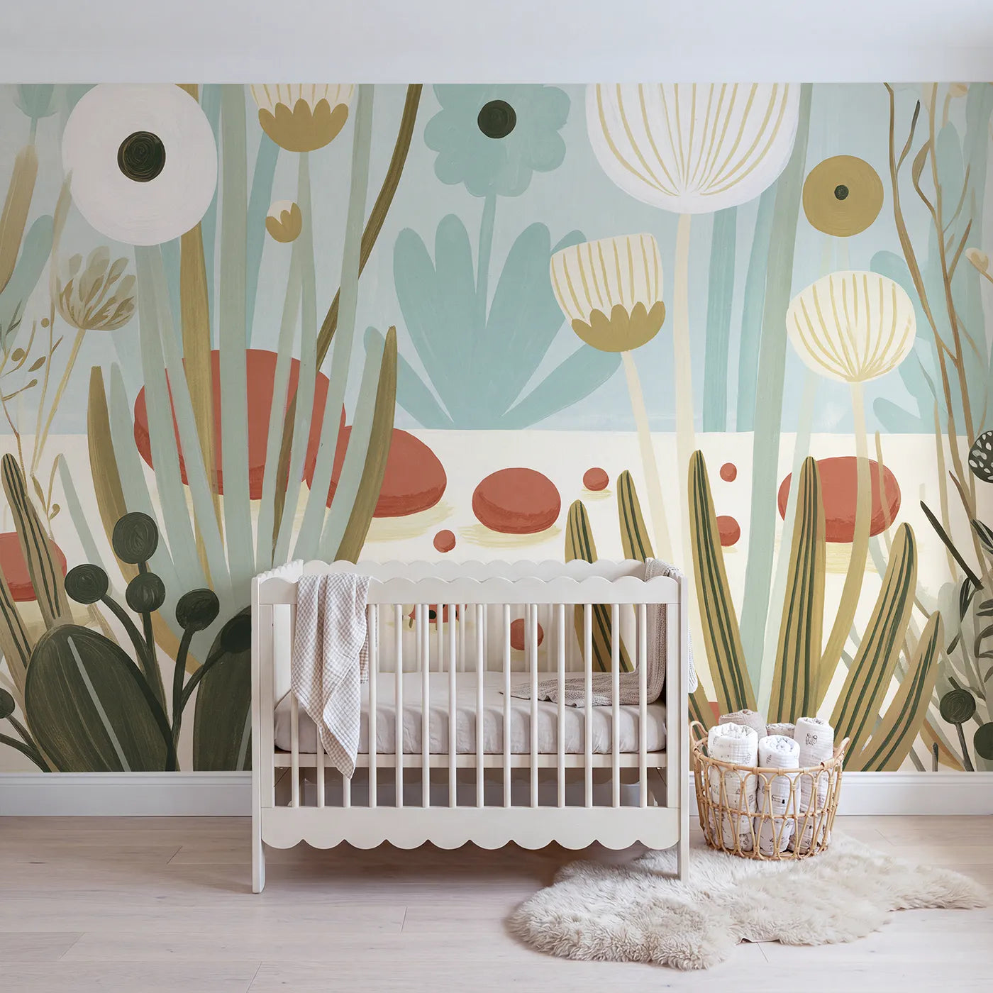 Folk gouache wall mural of a bold simple ladybug by Whimsy Tots