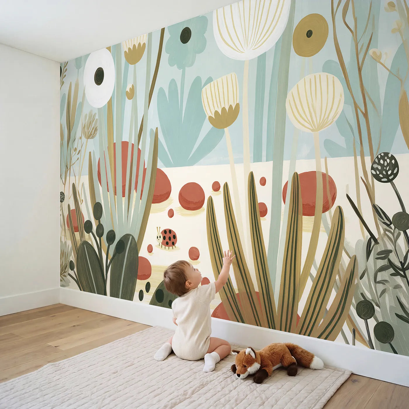 Child in nursery with Folk Ladybug Shape Wallpaper Mural by Whimsy Tots