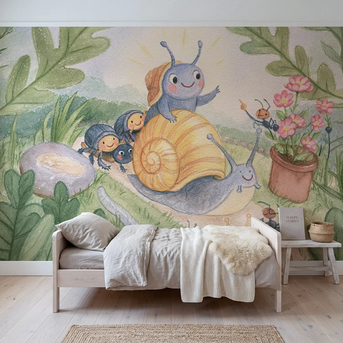Colored Pencil snail moving house with beetle helpers, wall mural for a playroom by Whimsy Tots