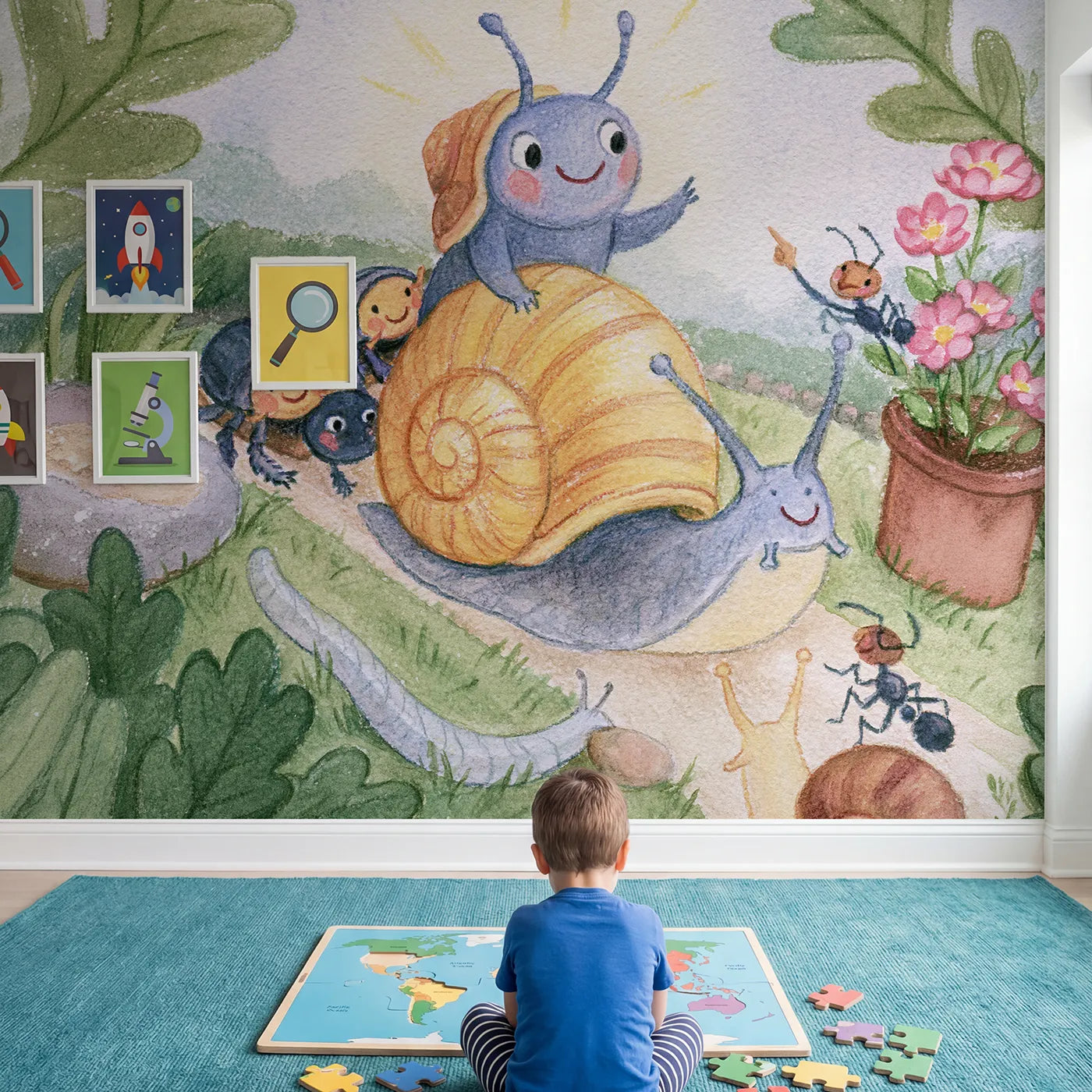Child in nursery with The Snail Removal Service Wallpaper Mural by Whimsy Tots