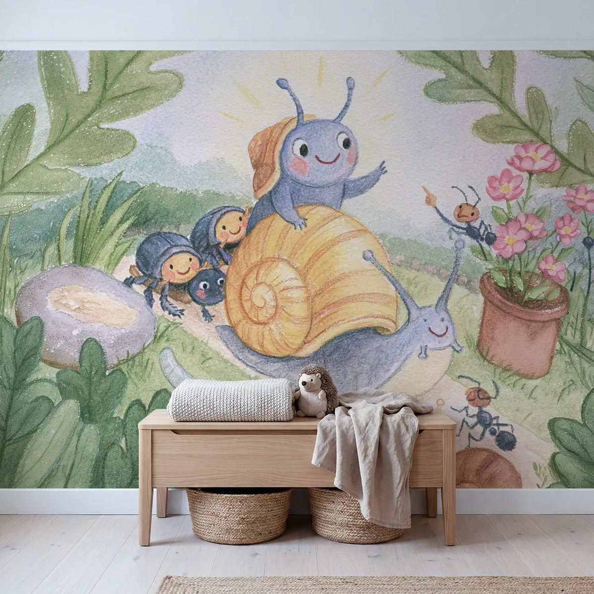 The Snail Removal Service Wallpaper Mural in playroom setting by Whimsy Tots