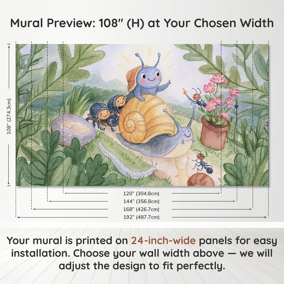 Panel layout and dimensions for The Snail Removal Service Wallpaper Mural by Whimsy Tots