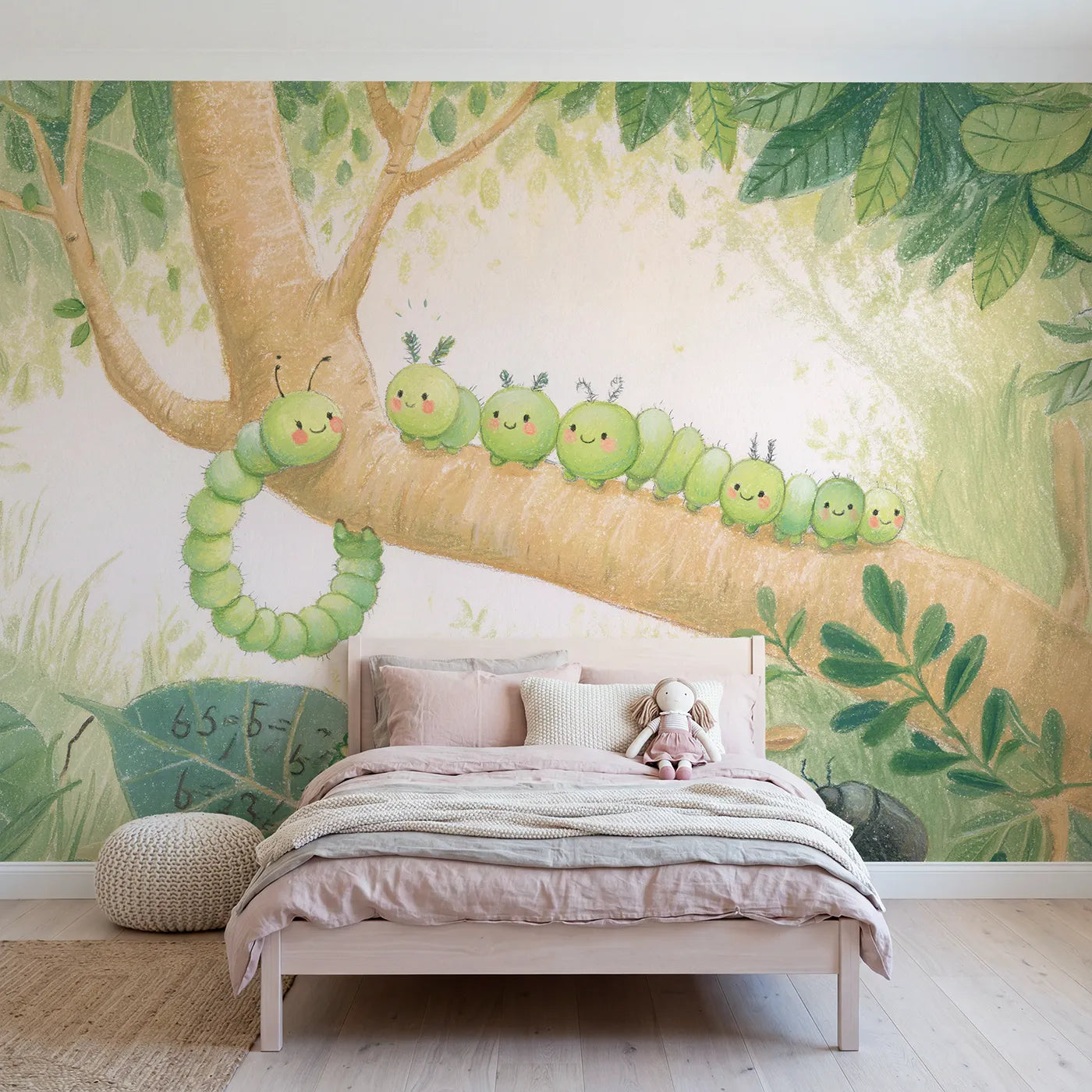 Colored Pencil inchworm teaching caterpillars to measure, mural for a kids room by Whimsy Tots