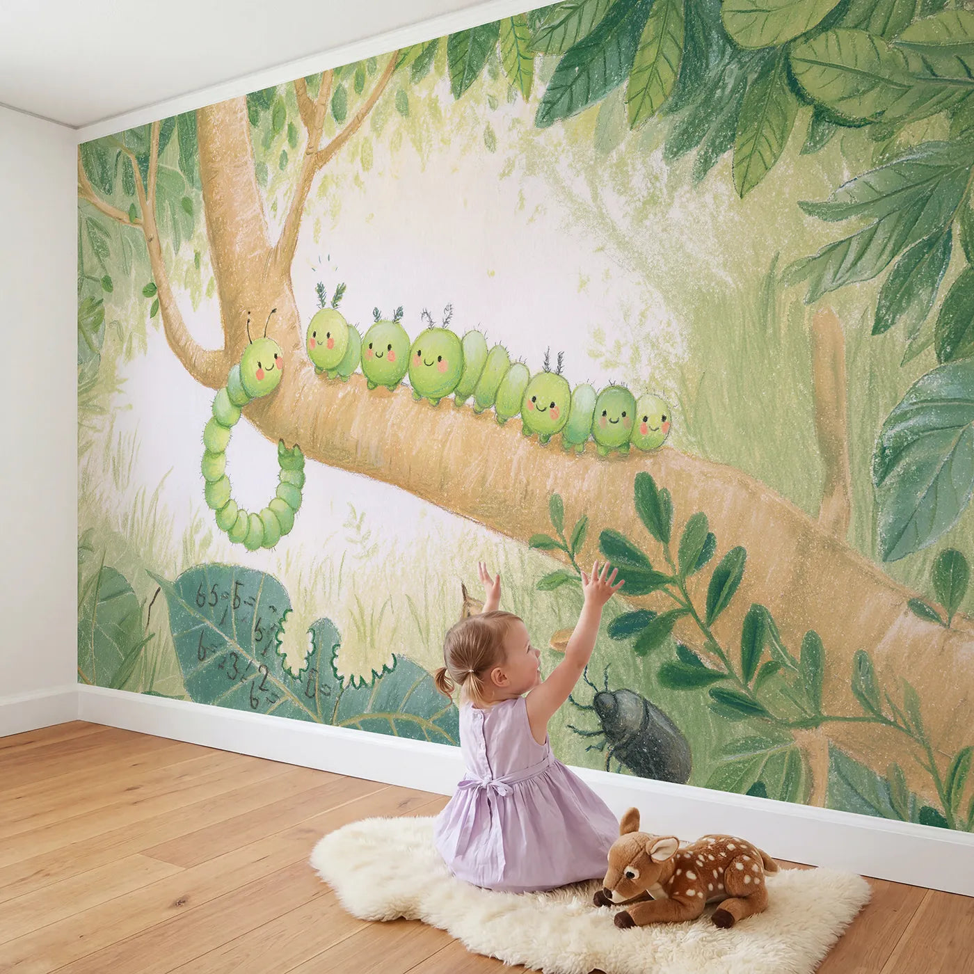 Child in nursery with The Caterpillar Measuring Class Wallpaper Mural by Whimsy Tots