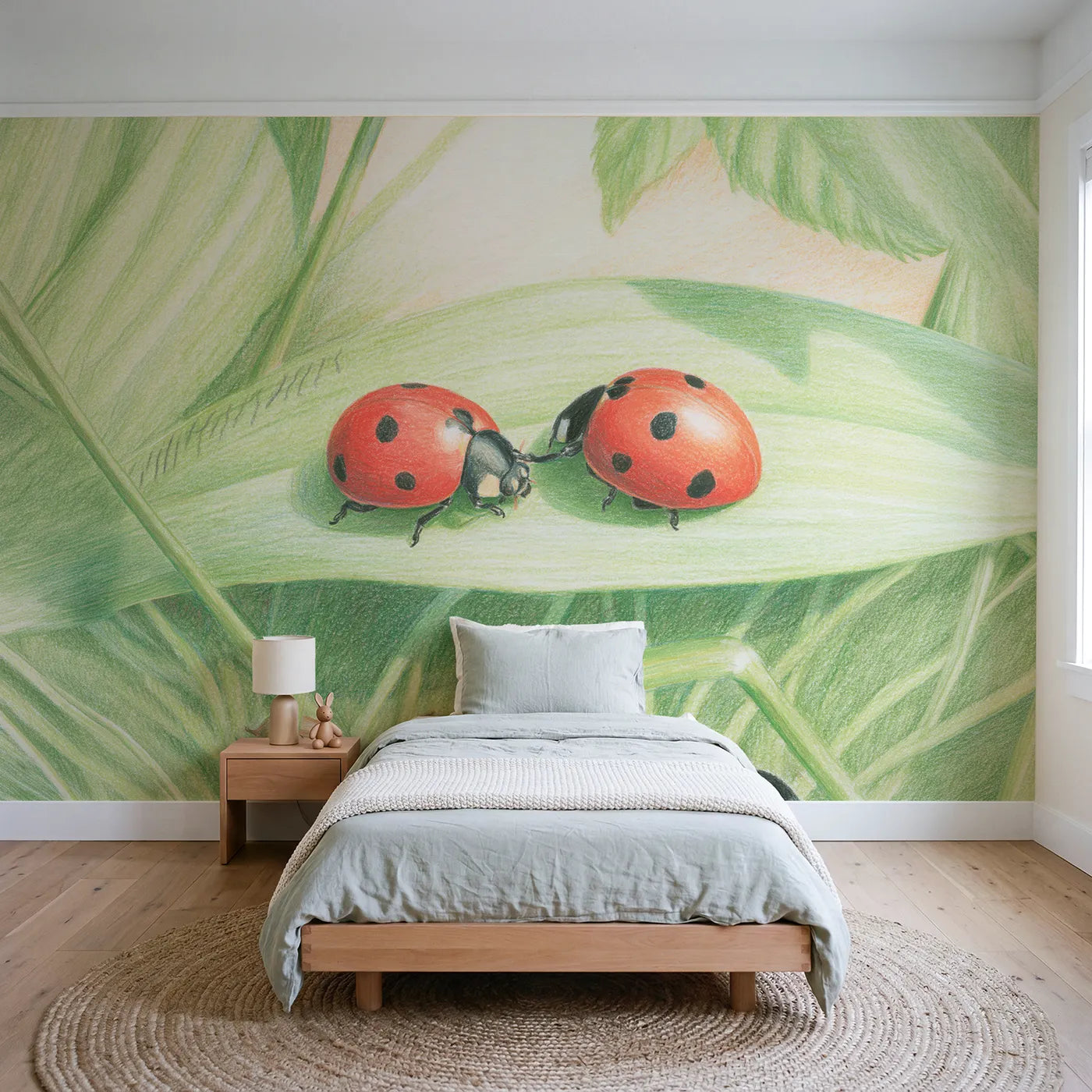 Colored Pencil ladybirds counting spots on a leaf, wall mural for a kids room by Whimsy Tots
