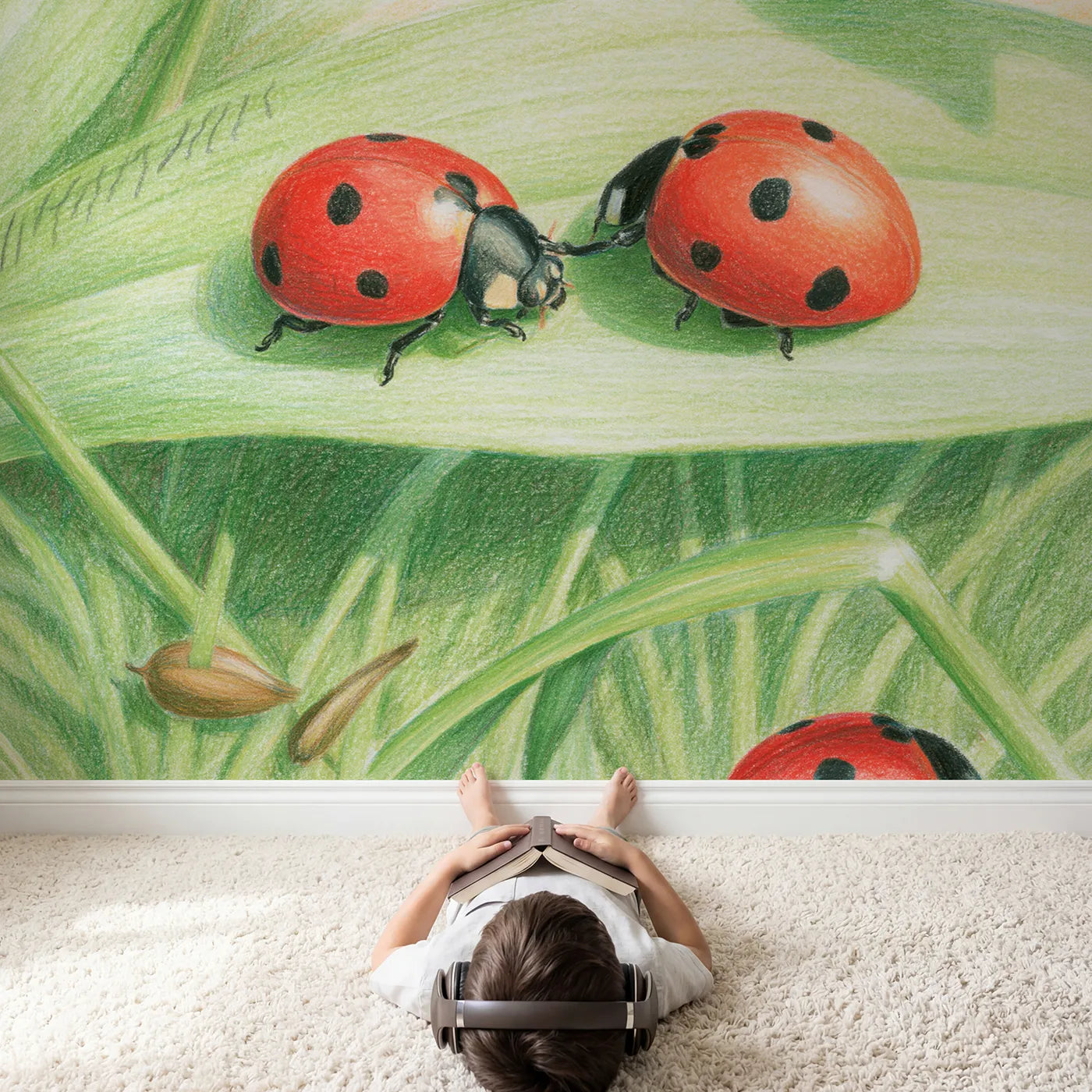 Child in nursery with The Ladybird Spot Count Wallpaper Mural by Whimsy Tots